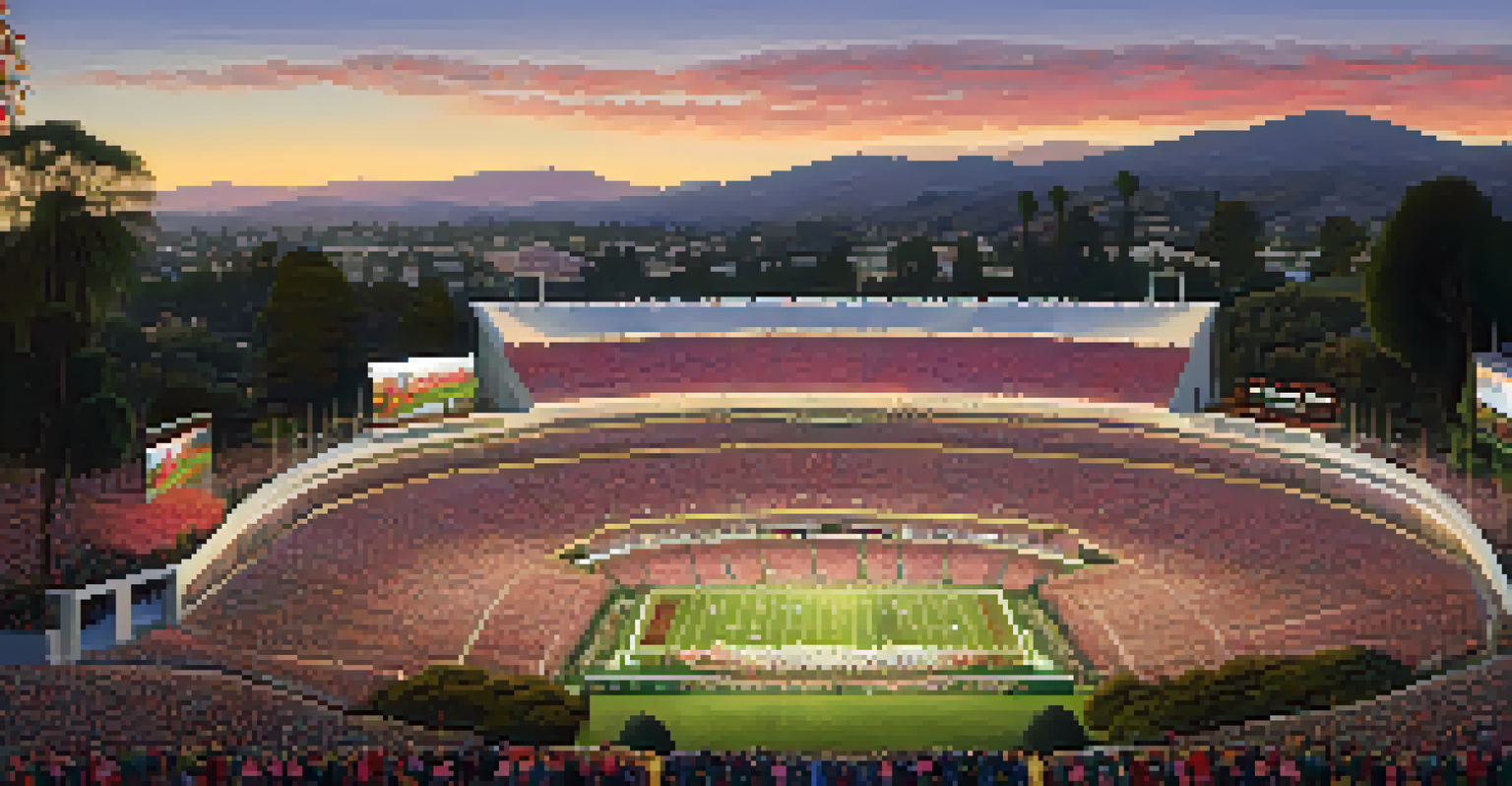 A sunset view of the Rose Bowl during the Rose Parade, showcasing colorful floats and a festive crowd.