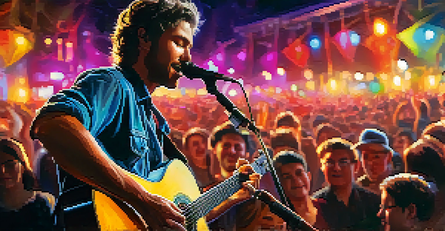A local artist passionately playing guitar at a music festival, with an engaged audience in the background.