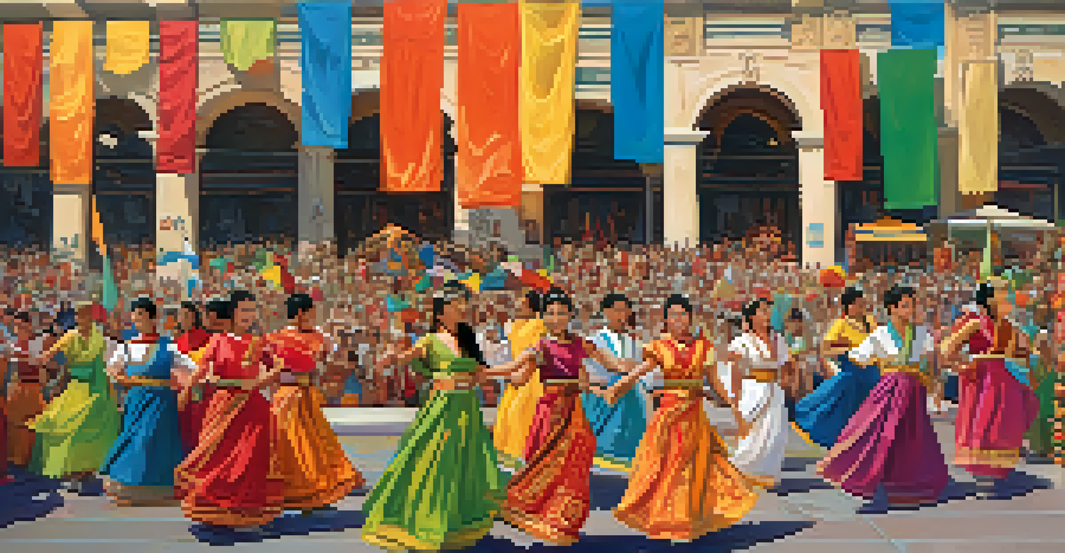 A lively cultural festival in ancient Pasadena with dancers and colorful costumes.