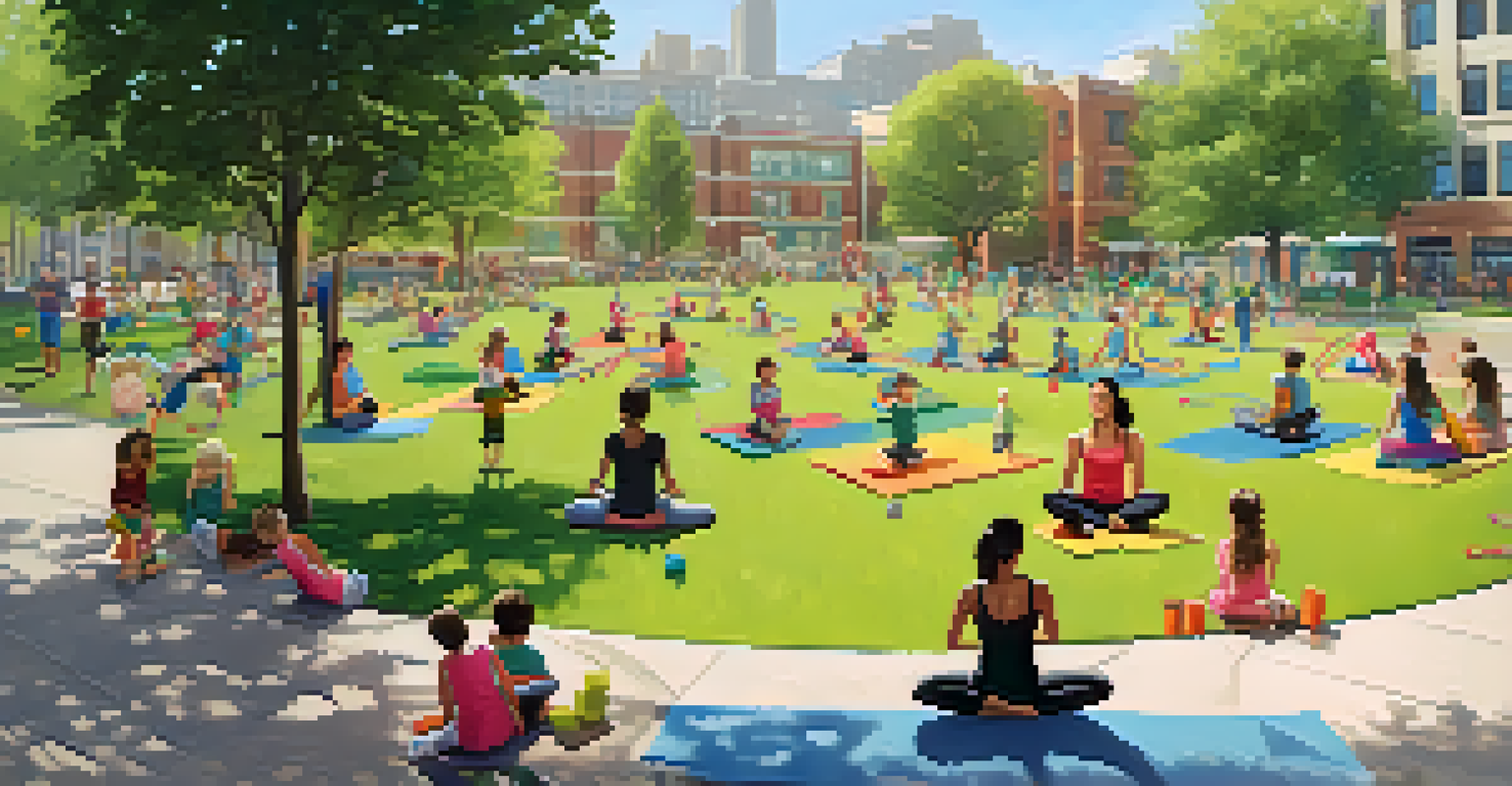 Families participating in fitness activities in a park, including yoga and games, under a bright sunny sky.