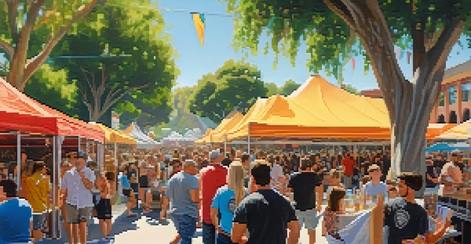 A lively outdoor craft beer festival in Pasadena with colorful tents, crowds enjoying craft beers, and musicians performing.