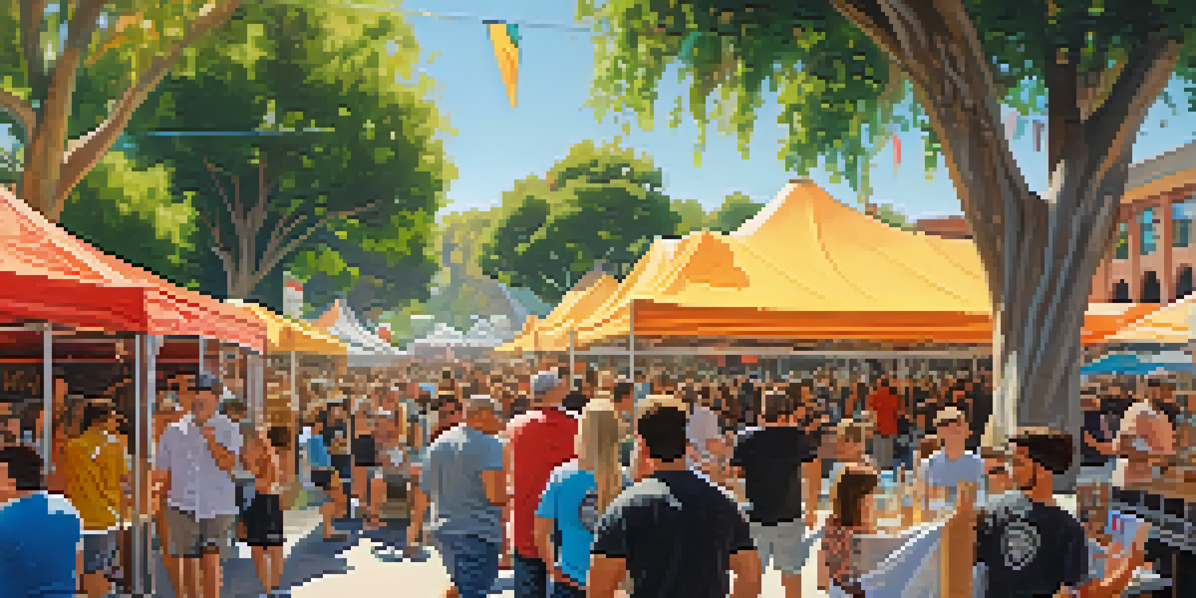 A lively outdoor craft beer festival in Pasadena with colorful tents, crowds enjoying craft beers, and musicians performing.
