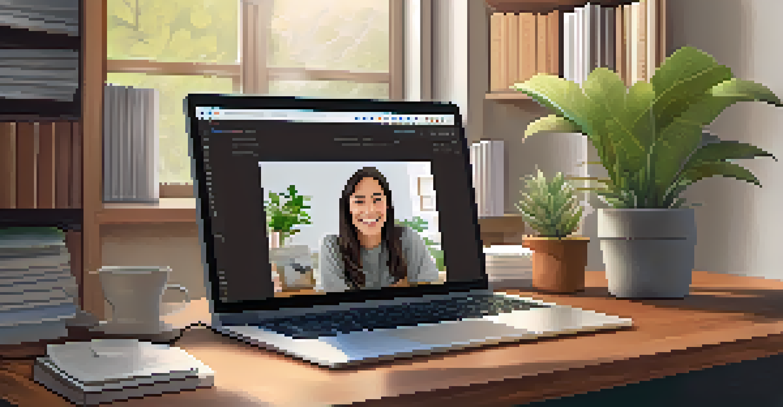 A laptop screen showing a virtual therapy session with a therapist and a client, set in a cozy home office environment.