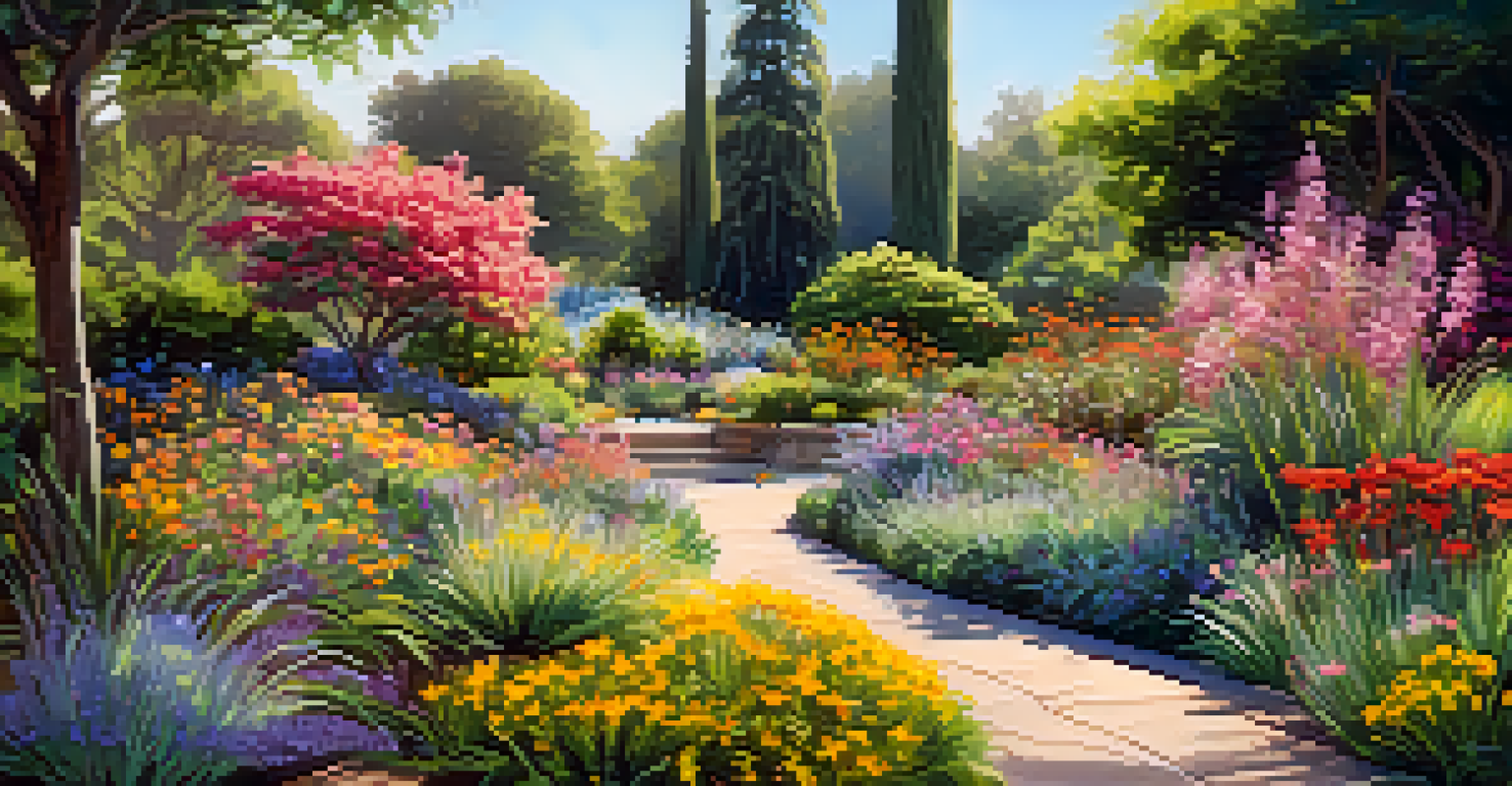 A beautiful garden scene in Arlington Garden with colorful native plants, winding pathways, and warm sunlight illuminating the landscape.