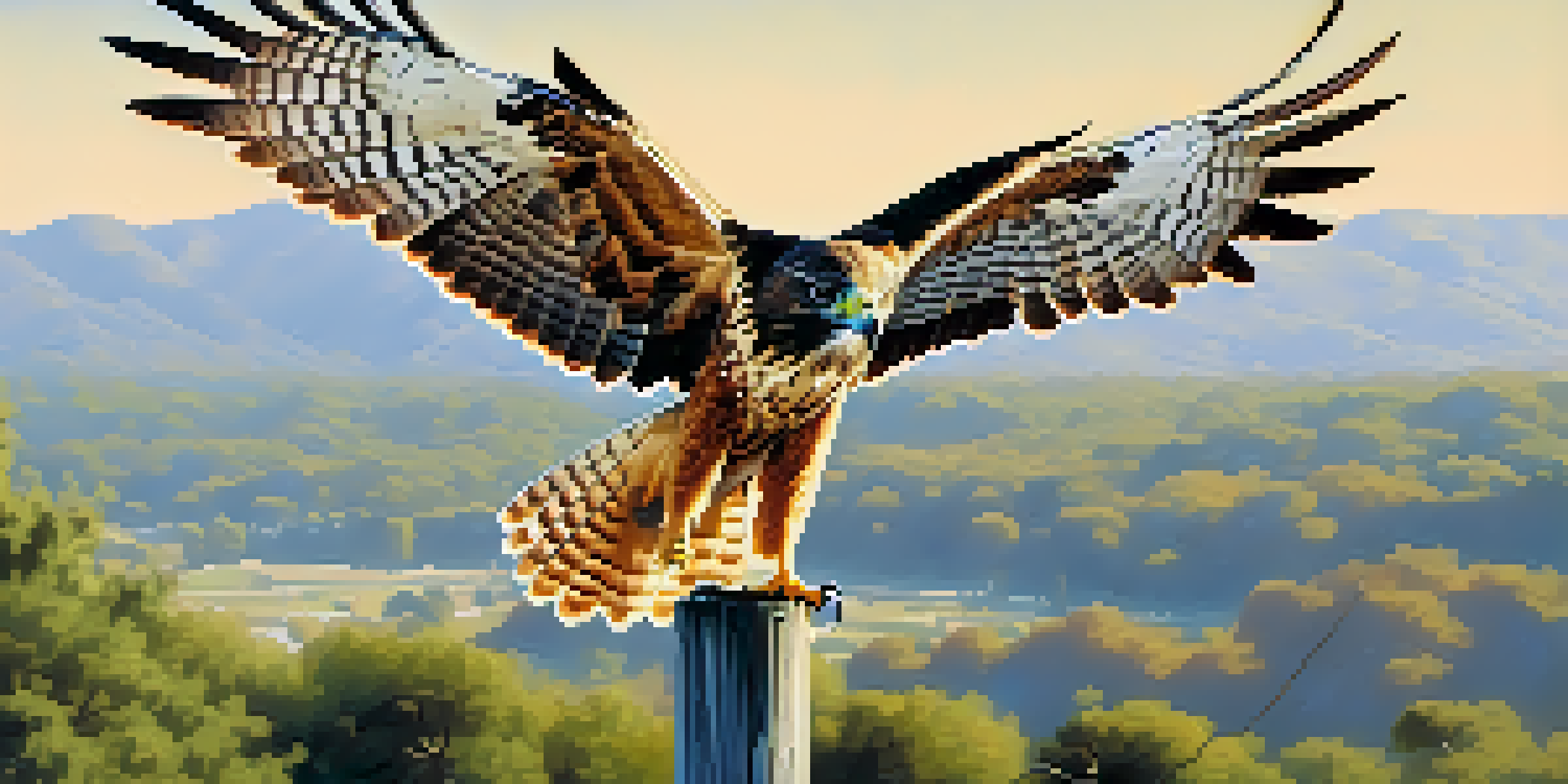 A Red-tailed Hawk with a reddish-brown tail perched on a utility pole, soaring against a clear blue sky above lush greenery.