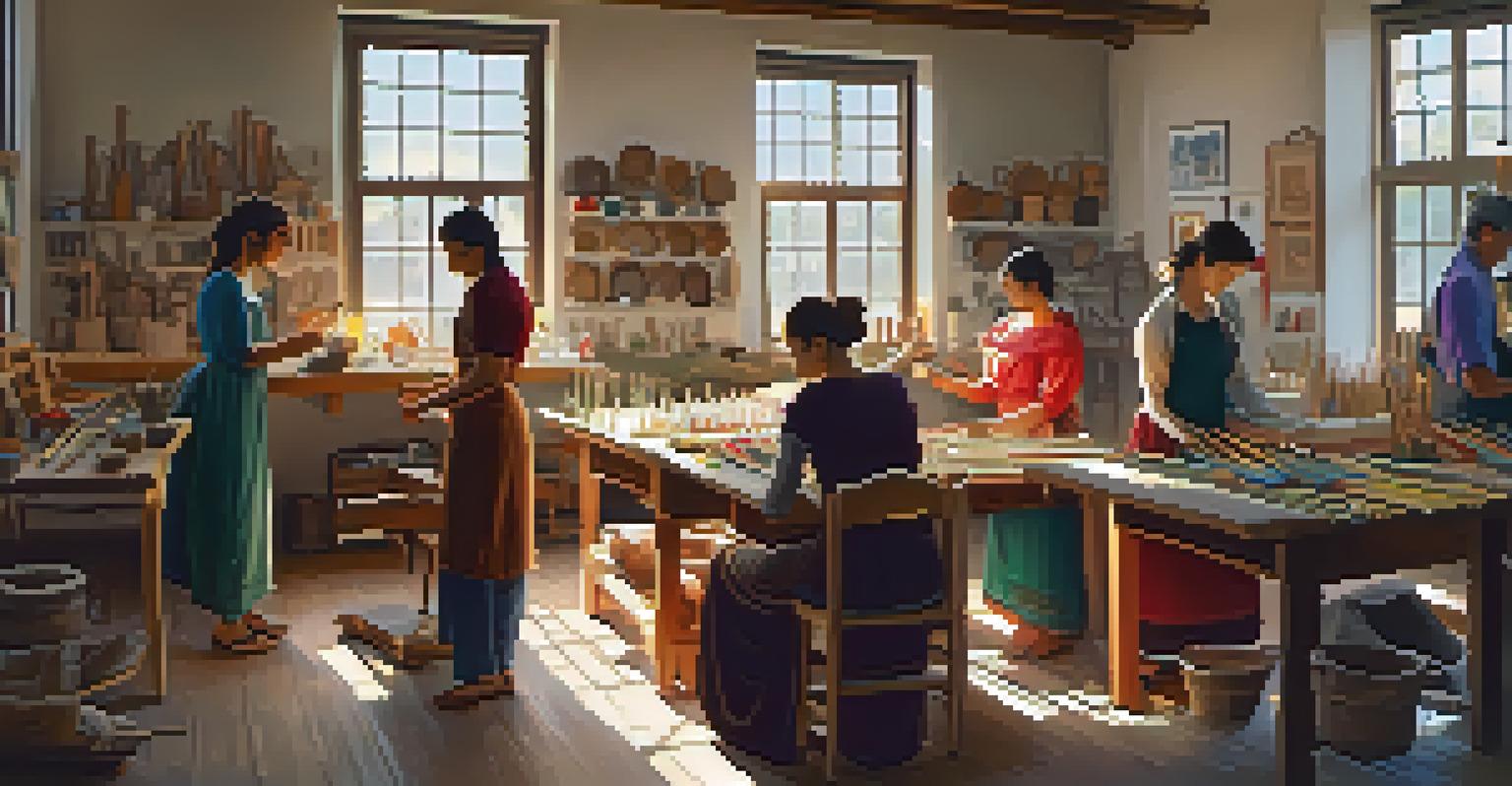 A diverse group of people engaged in a traditional craft-making workshop with colorful materials and sunlight streaming in.