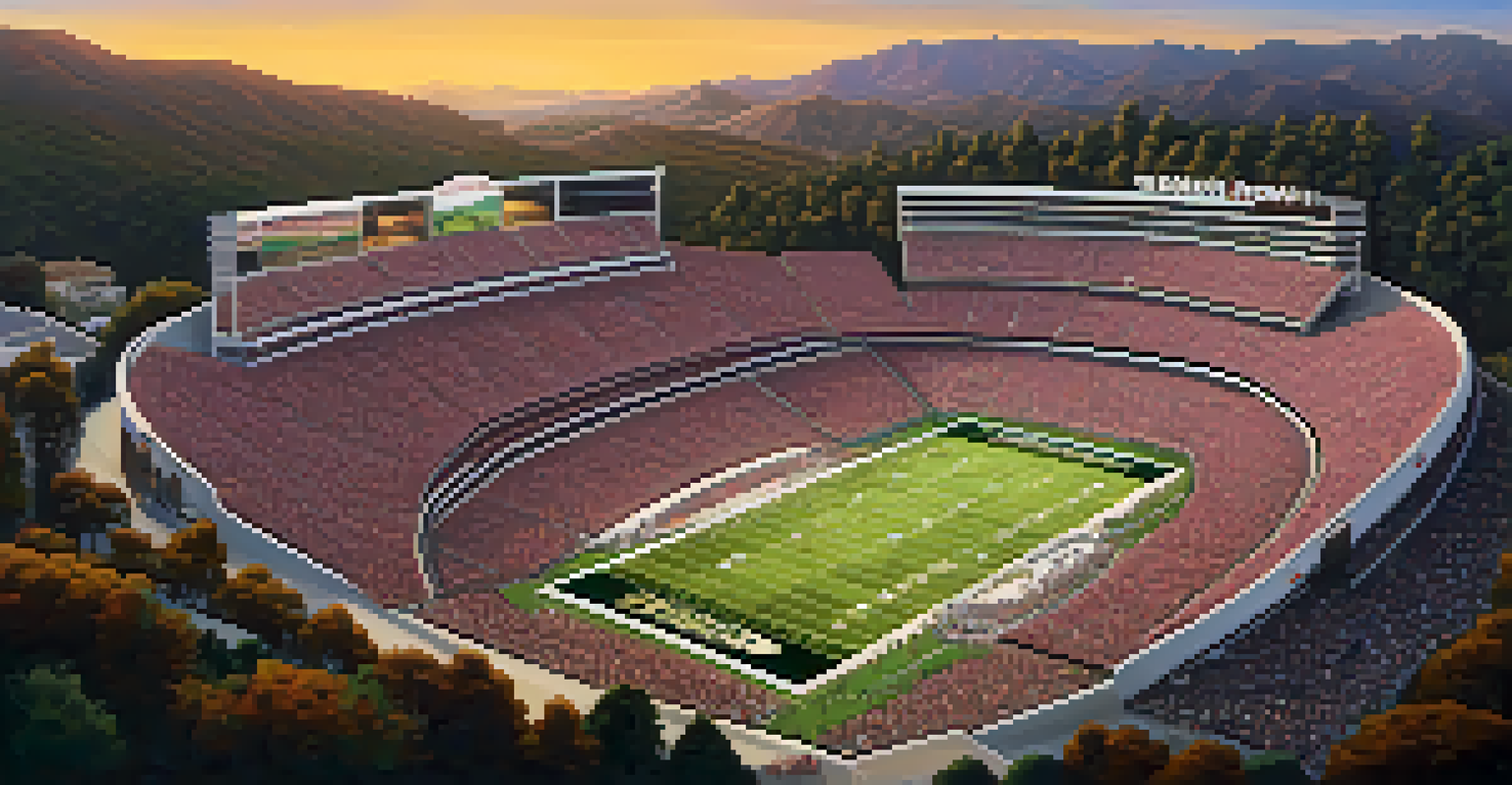 Aerial view of the Rose Bowl stadium filled with fans during a football game, with mountains and a sunset in the background.