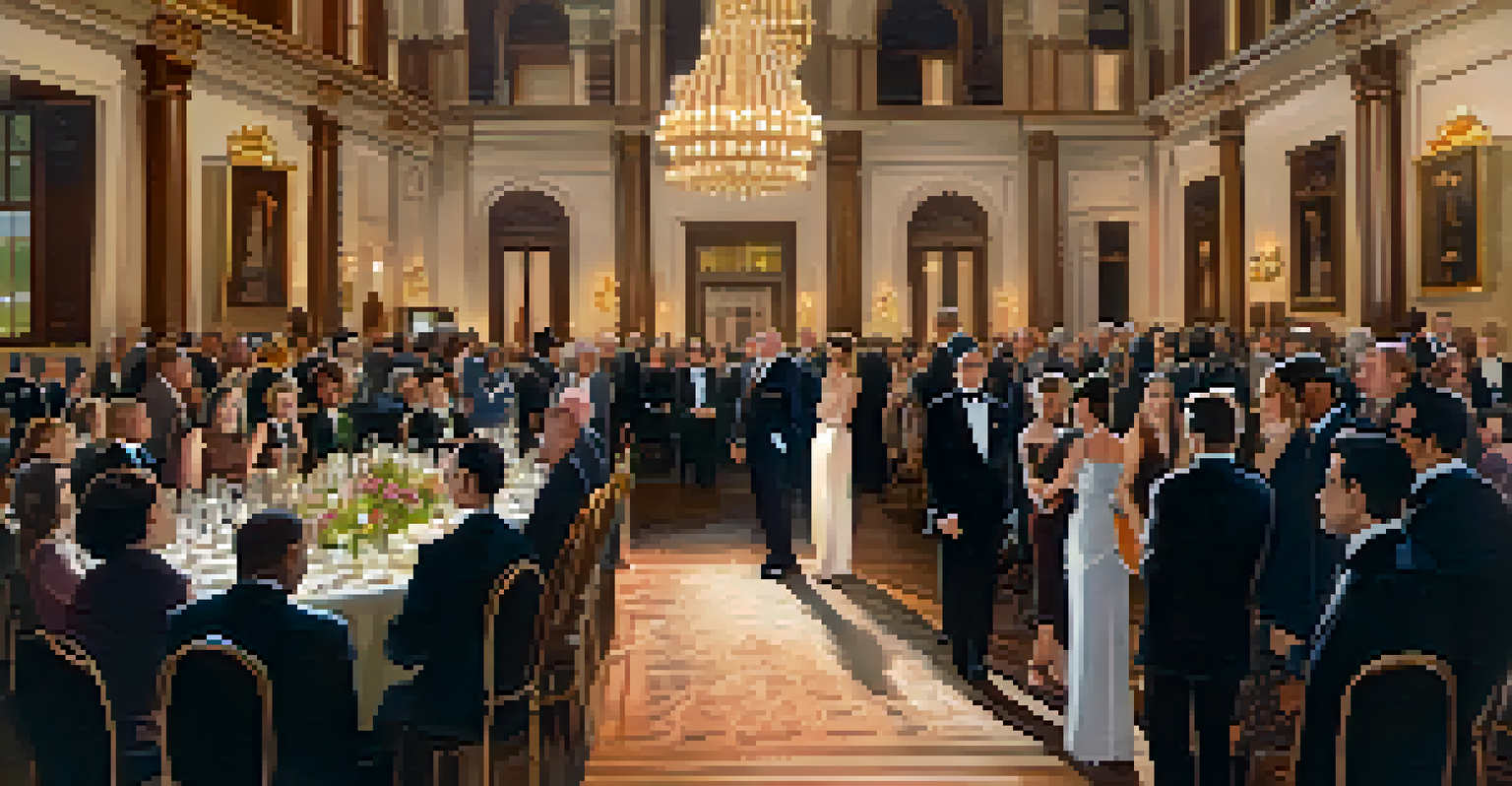 A lively event at the Pasadena Historic Preservation Awards with attendees in formal wear and historic buildings in the background.