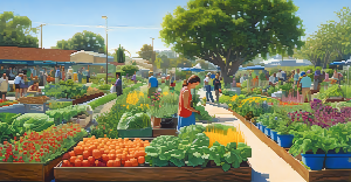A community garden in Pasadena with residents gardening, colorful vegetables, and clear blue sky.