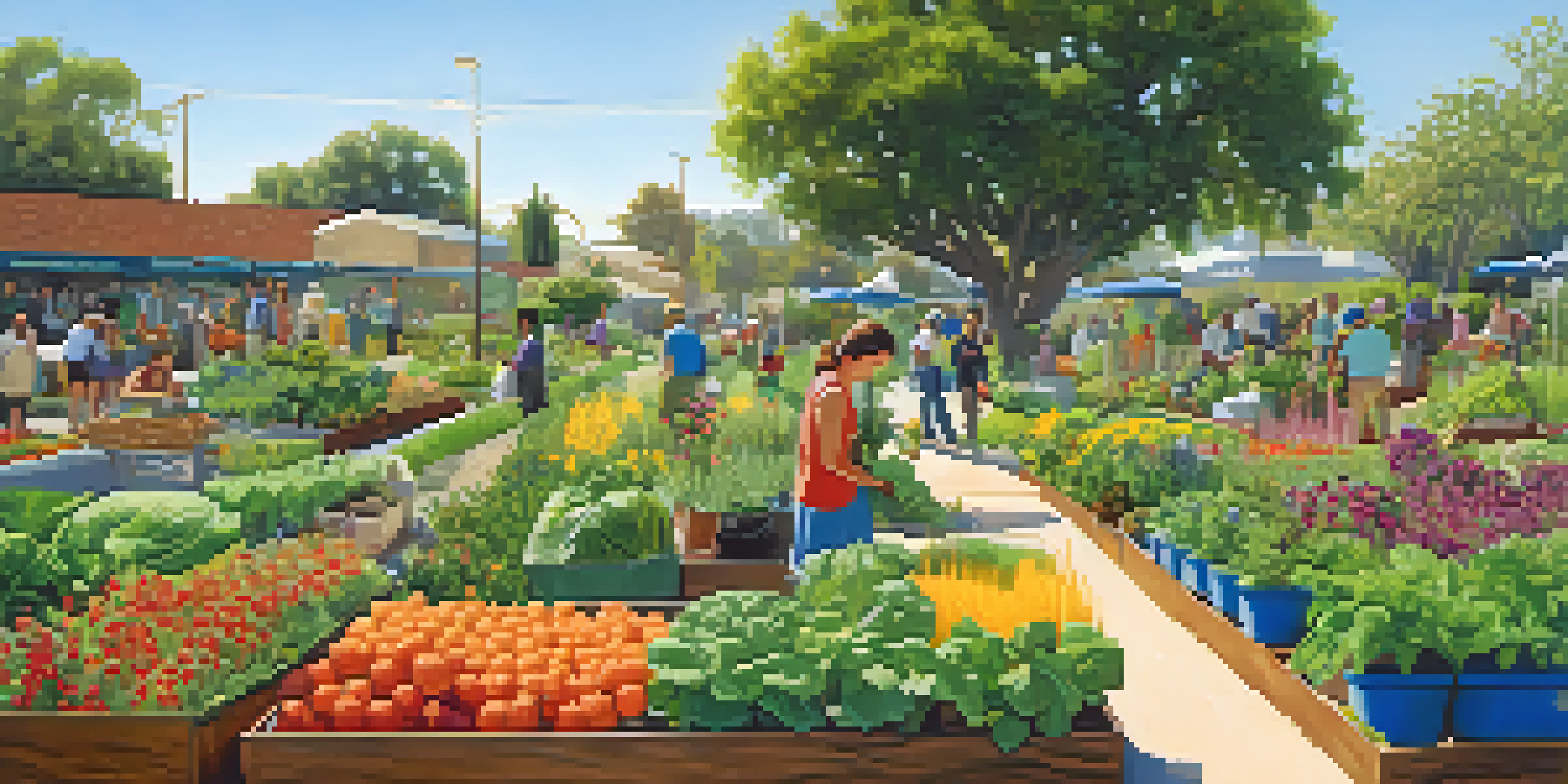 A community garden in Pasadena with residents gardening, colorful vegetables, and clear blue sky.