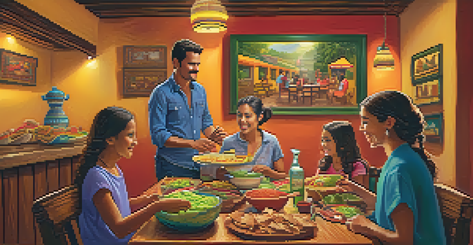 A lively Mexican restaurant with colorful decorations, families dining together, and a bowl of guacamole on the table.