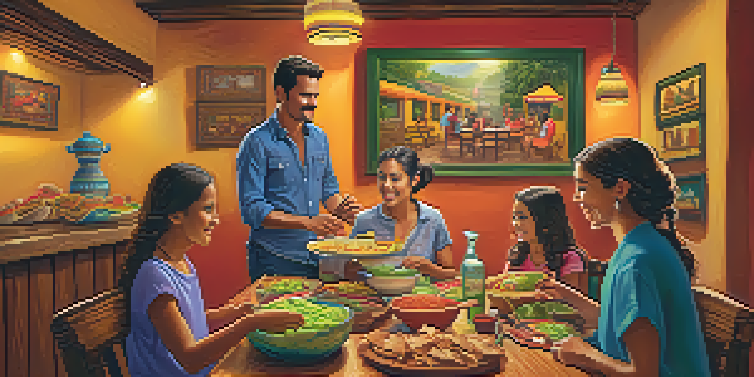 A lively Mexican restaurant with colorful decorations, families dining together, and a bowl of guacamole on the table.