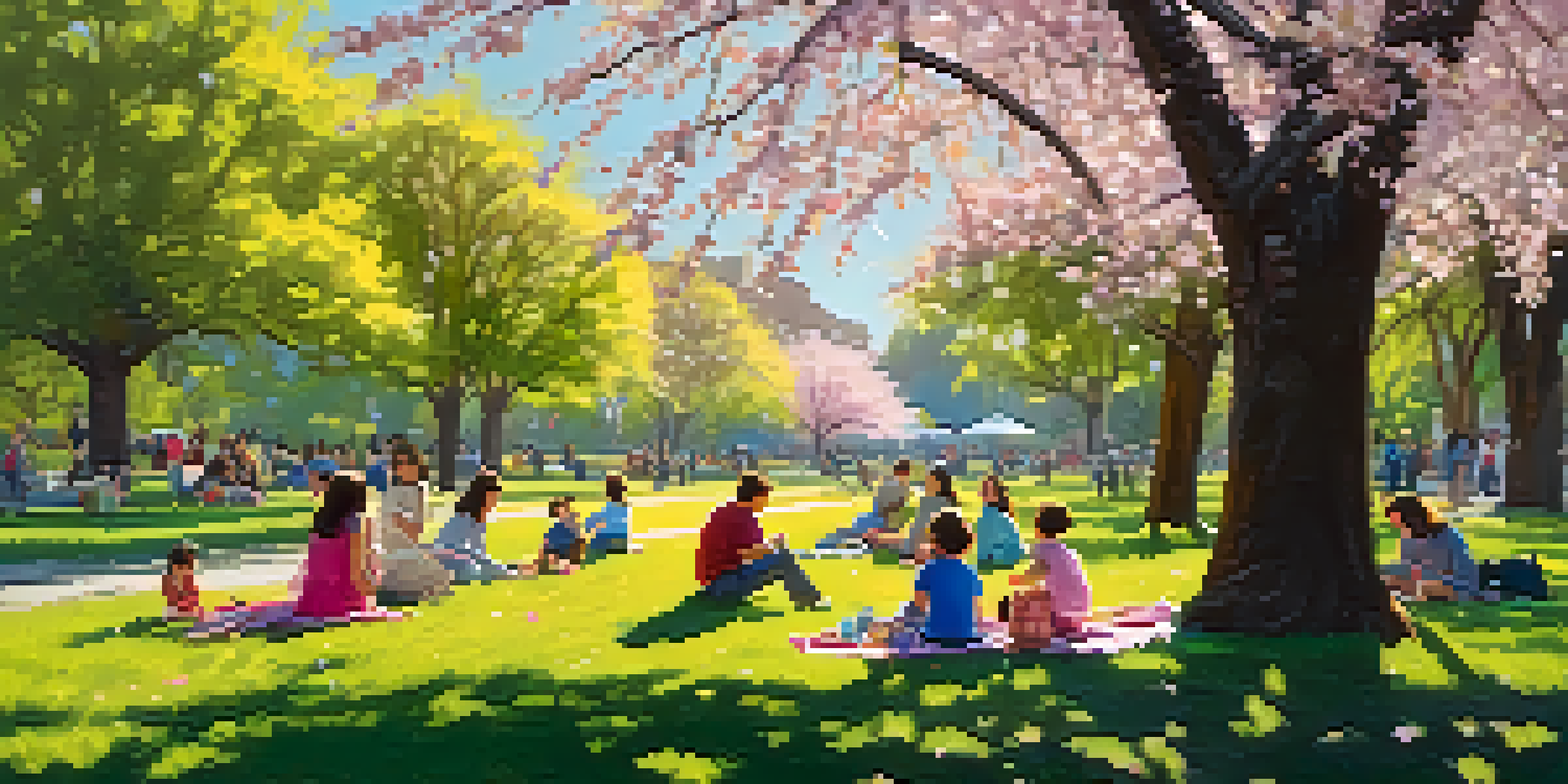 A spring day in a Pasadena park with cherry blossom trees, families picnicking, and children flying kites under a bright sun.