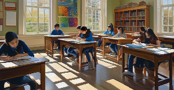 A bright classroom with diverse students learning together, sunlight streaming through windows, and inspirational quotes on the walls.