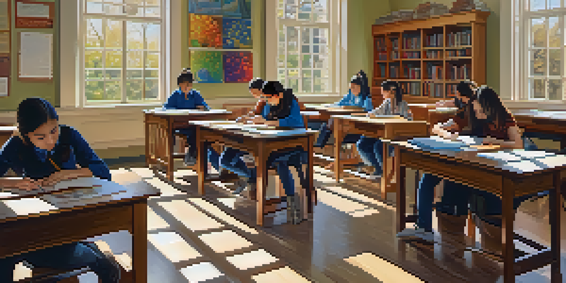 A bright classroom with diverse students learning together, sunlight streaming through windows, and inspirational quotes on the walls.