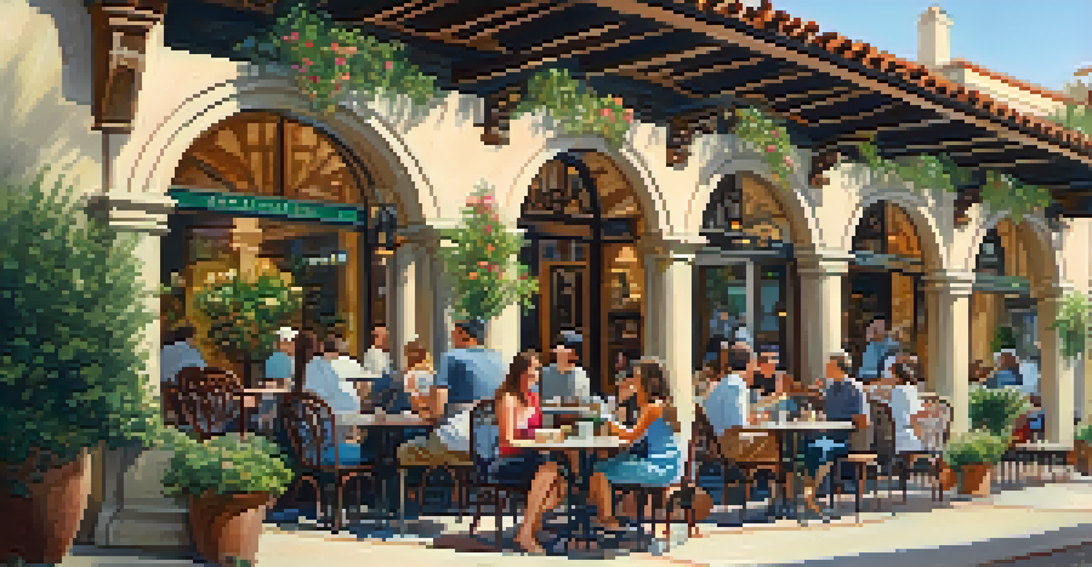 A busy cafe outside a Mediterranean Revival building in Pasadena with outdoor seating and bright flowers.