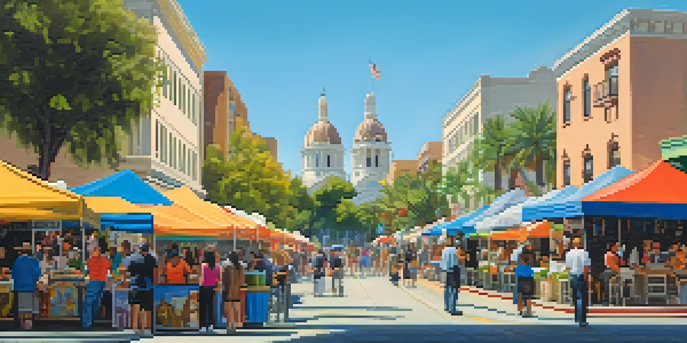 A lively street scene in Pasadena with local artists showcasing their work at an art festival, surrounded by historic buildings and engaged community members.