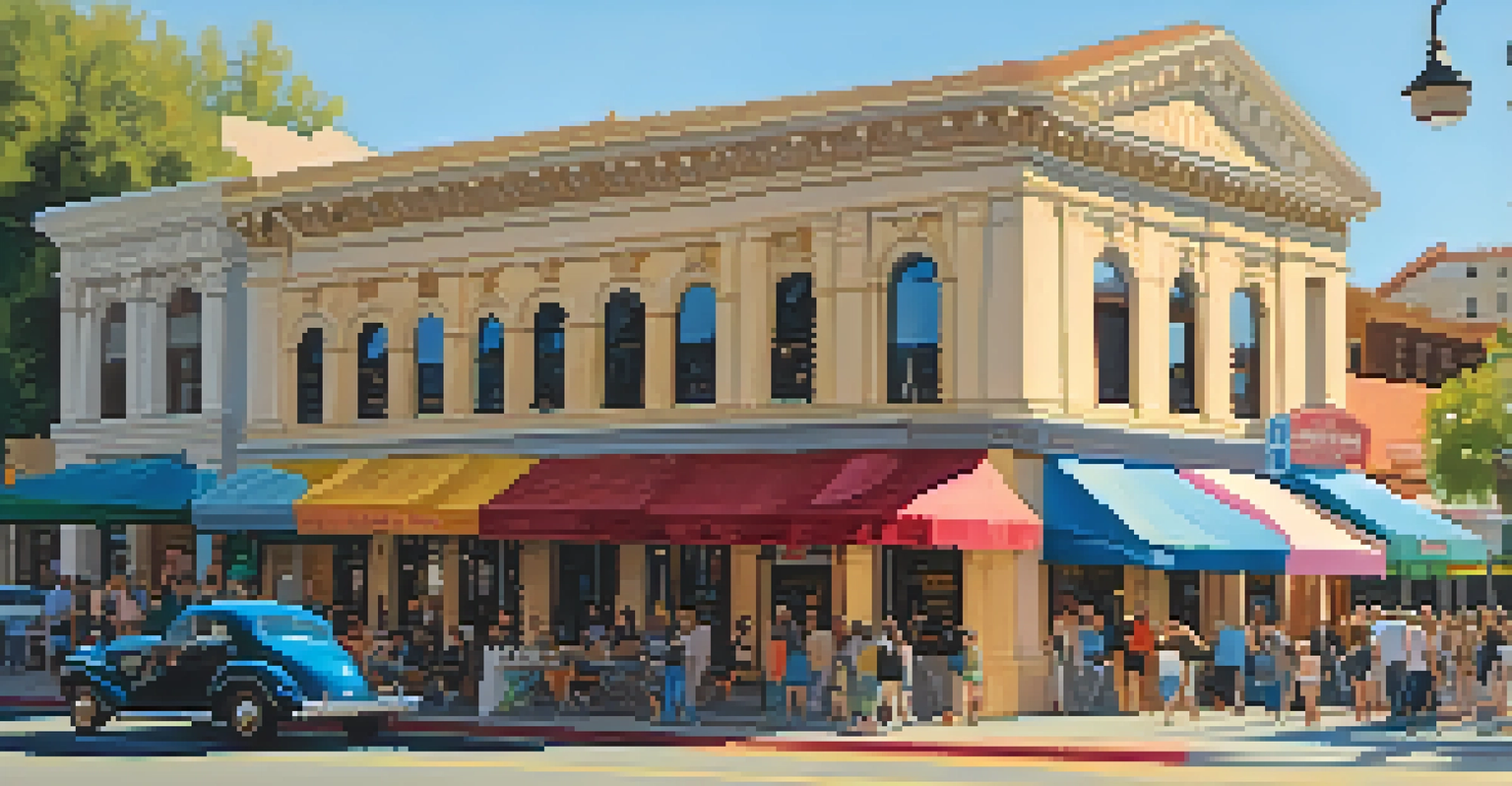 A lively street in Pasadena with a Beaux-Arts building, cafes, and people enjoying the sunny day.