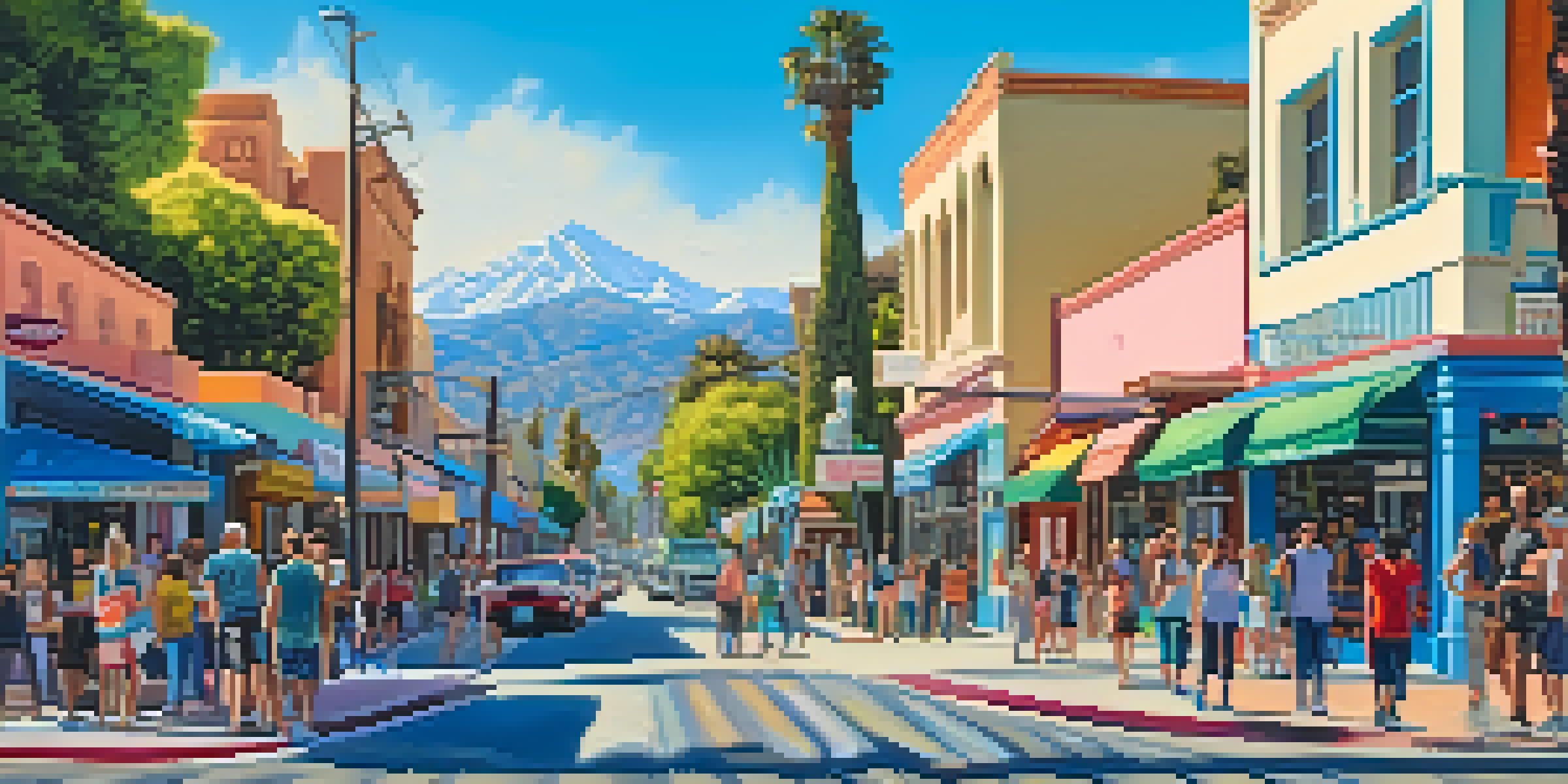 A lively Pasadena street scene with colorful buildings, artists at work, and the San Gabriel Mountains in the background.