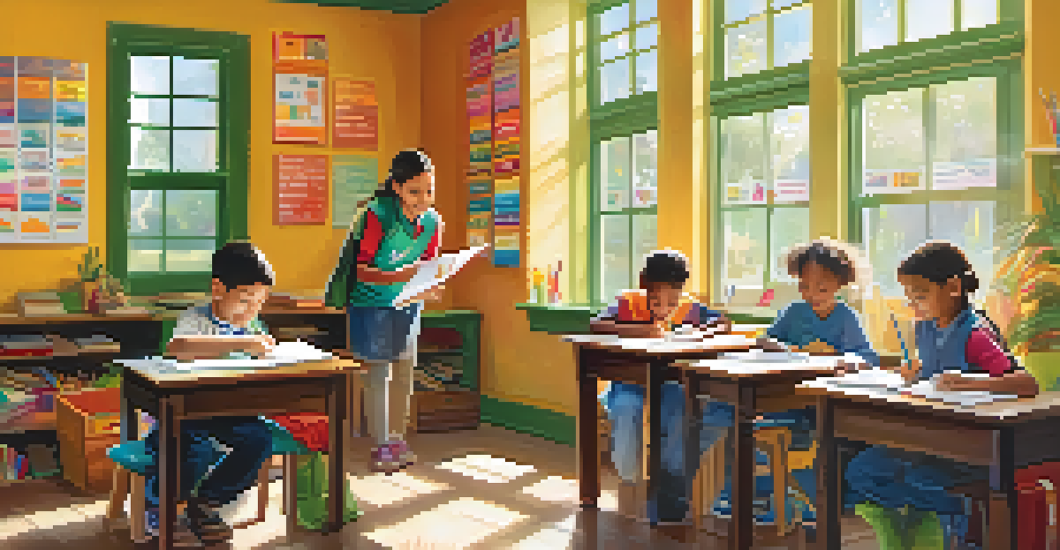 A volunteer assisting children with homework in a bright and cheerful classroom.