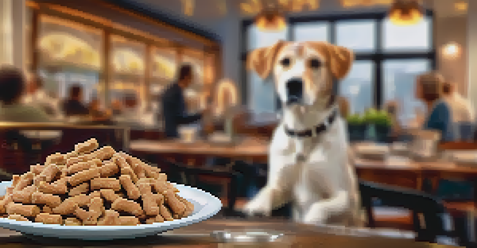 A gourmet meal for a dog served in a bowl on a restaurant table, with a treat beside it and diners in the background.