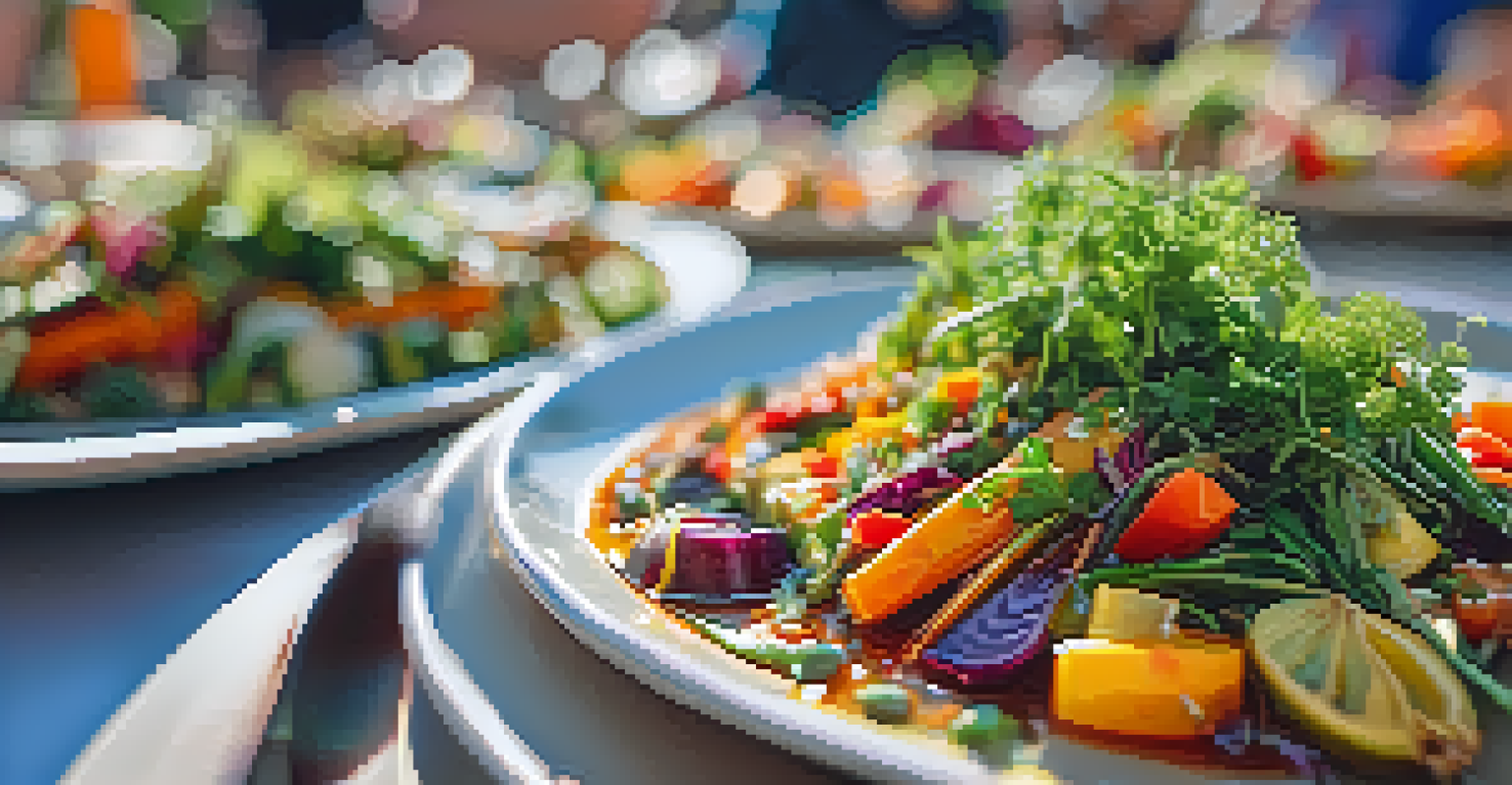 A close-up of an artfully plated vegan dish, showcasing vibrant vegetables and herbs, set against a blurred background of festival-goers.