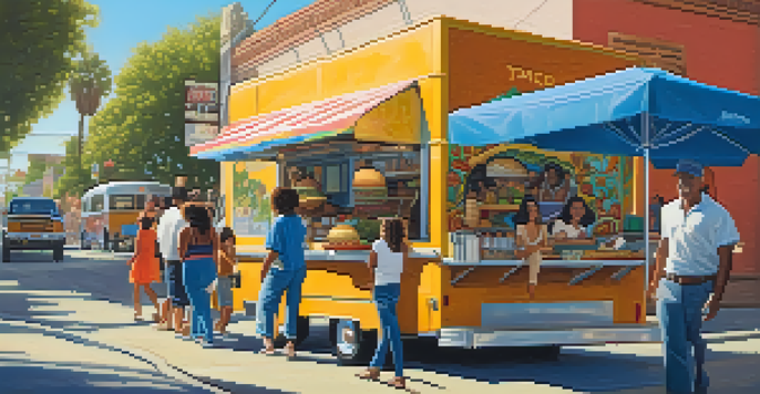 A bustling Pasadena street with a colorful taco truck and diverse groups of people enjoying food, bright murals, and warm afternoon sunlight.
