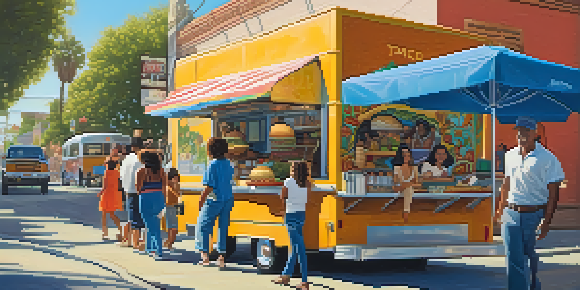 A bustling Pasadena street with a colorful taco truck and diverse groups of people enjoying food, bright murals, and warm afternoon sunlight.