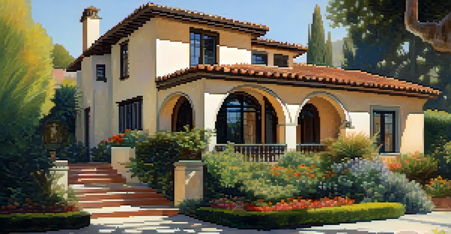 A close-up view of a Mediterranean Revival home showcasing stucco, wrought-iron details, and vibrant gardens.