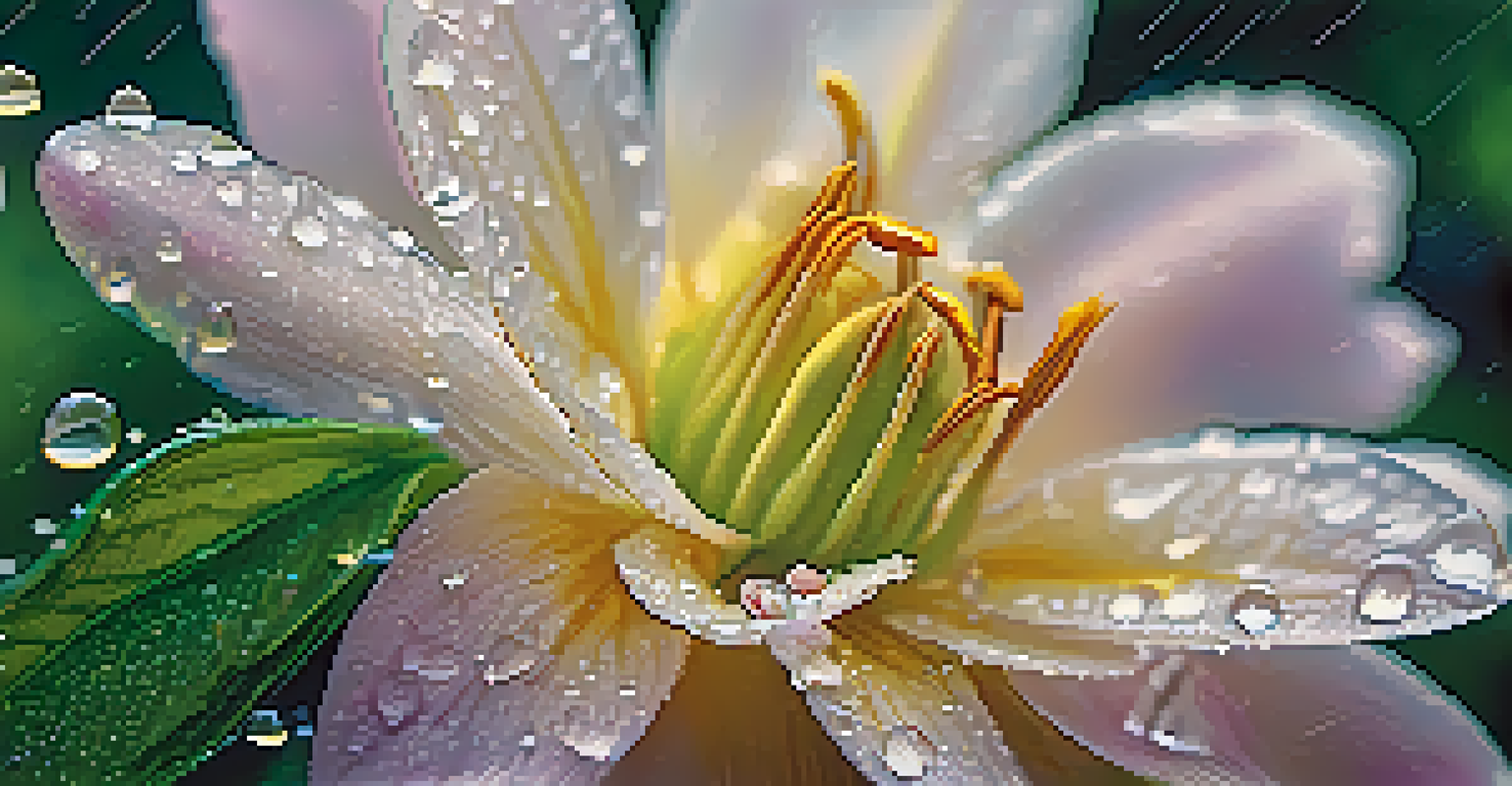 Close-up of a flower with raindrops on its petals, showcasing intricate details against a blurred green background.