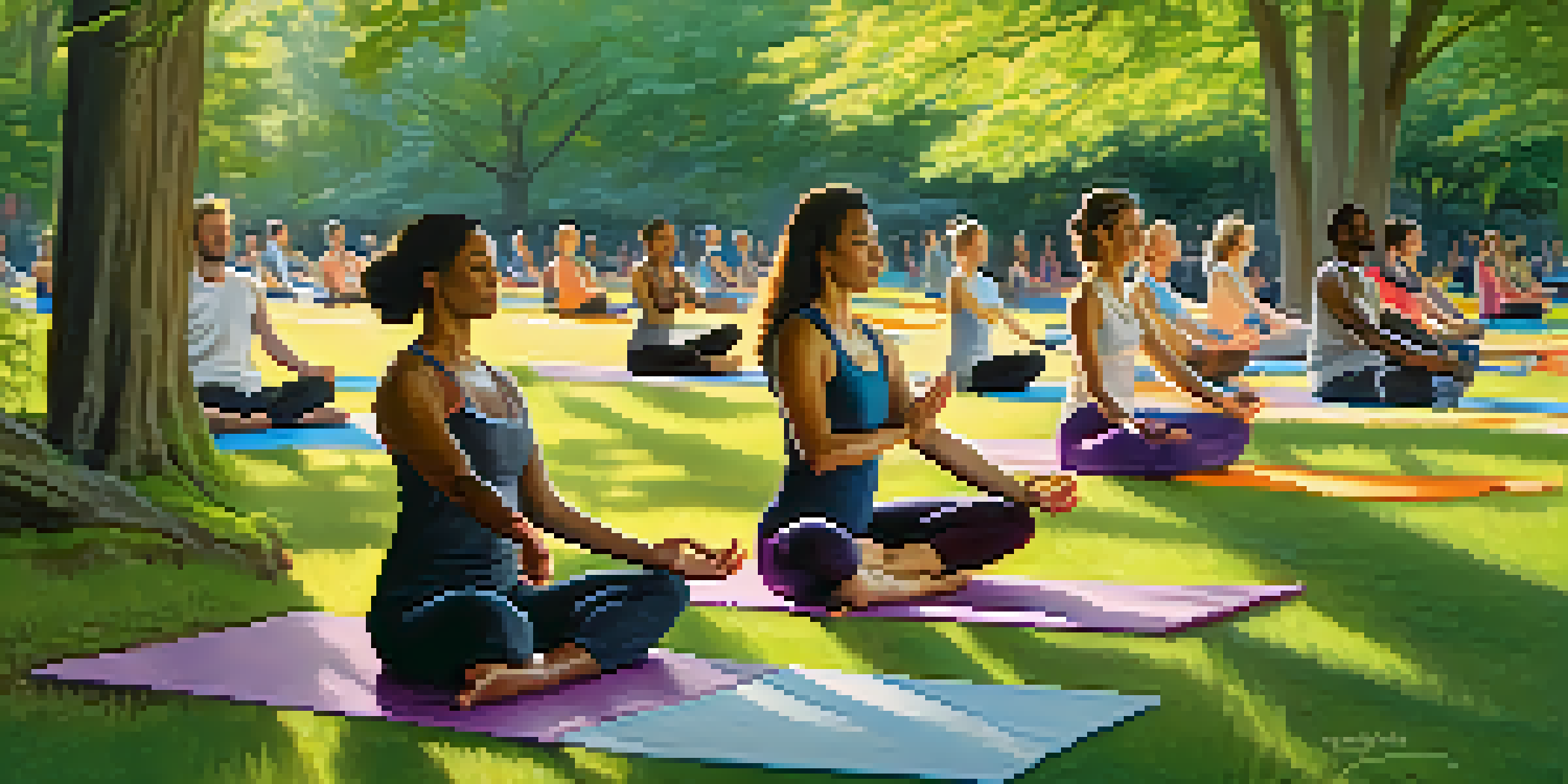 A diverse group of individuals practicing yoga on colorful mats in a green park, with trees and soft morning light.
