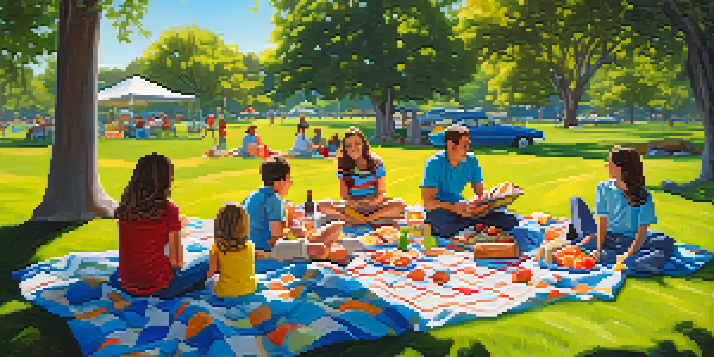 A family enjoying a picnic on a colorful blanket in a park with children playing nearby.