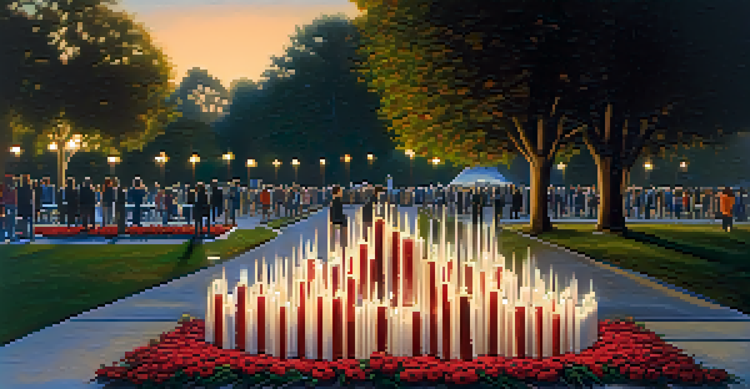A memorial for AIDS victims in a park, with candles, flowers, and photos, surrounded by community members in a soft evening light.