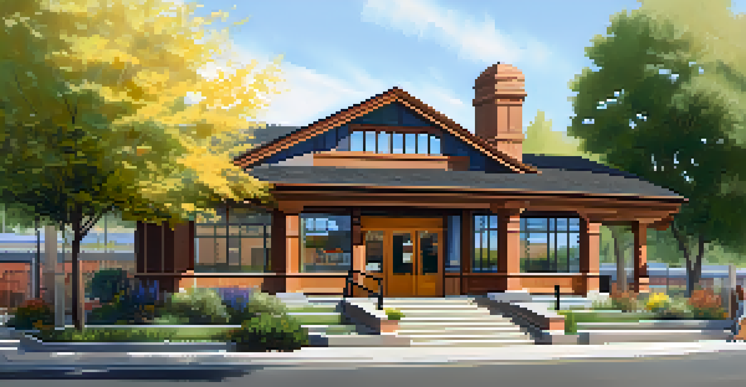 A Craftsman style library with wooden beams and flower beds under the sun.