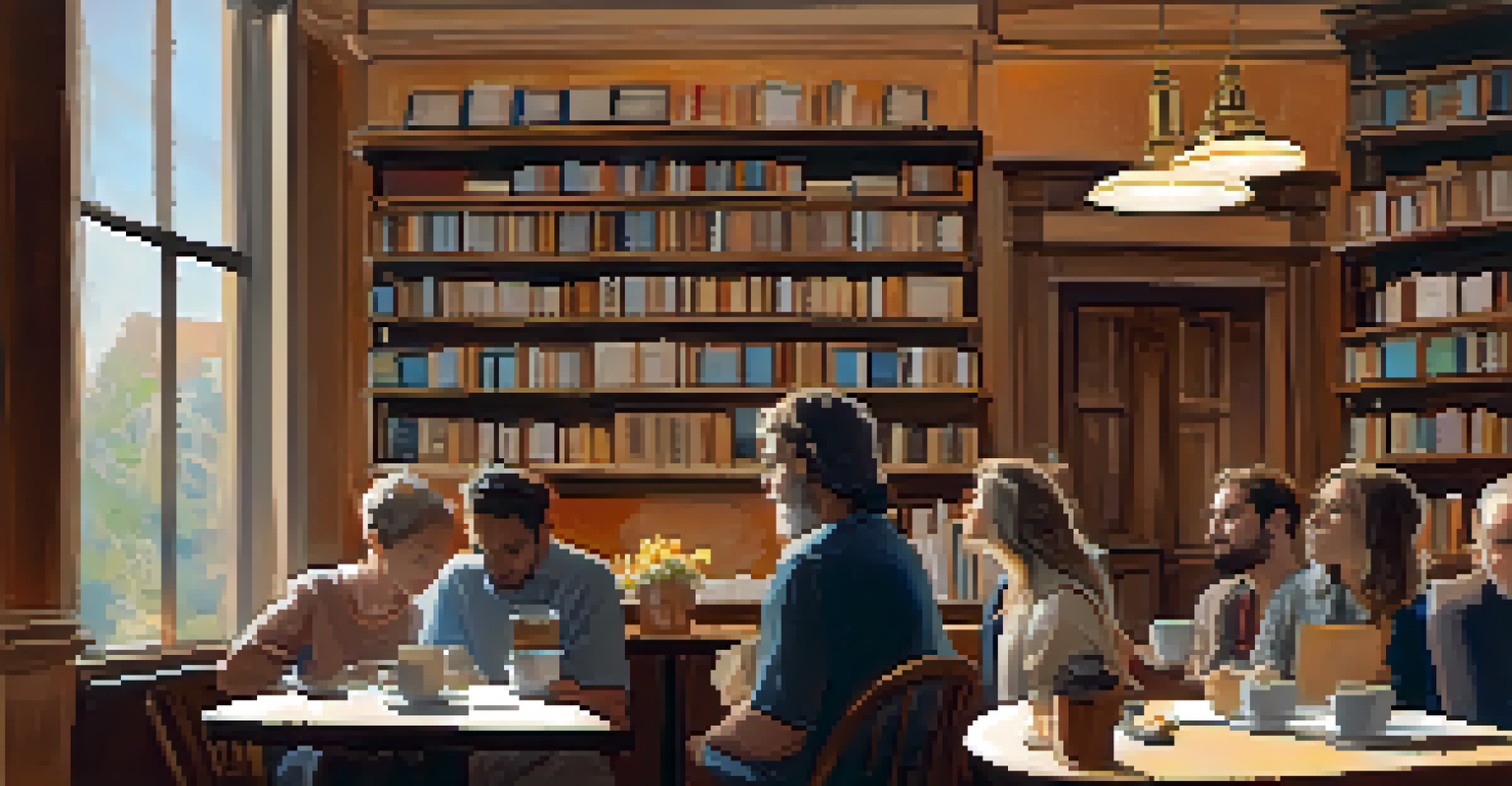A cozy cafe hosting a poetry reading with an engaged audience and a poet at the microphone in a warm, inviting setting.