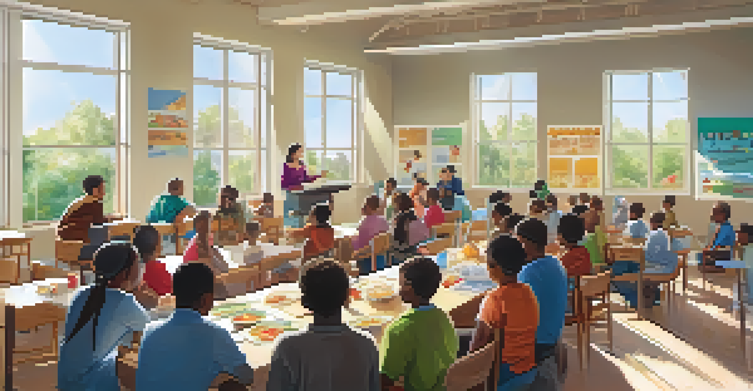 A classroom setting where residents of different ages are attending a nutrition workshop led by a health expert.