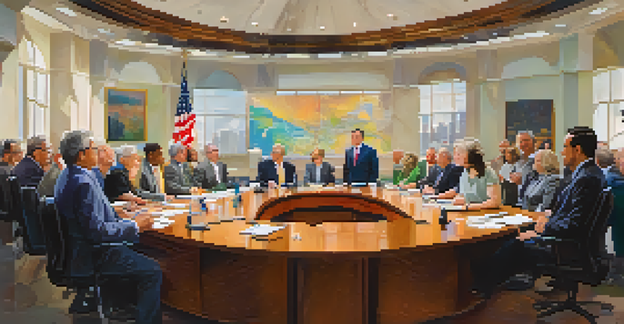 A city council meeting in Pasadena with diverse council members discussing around a large table, filled with documents and colorful charts, under bright natural light.