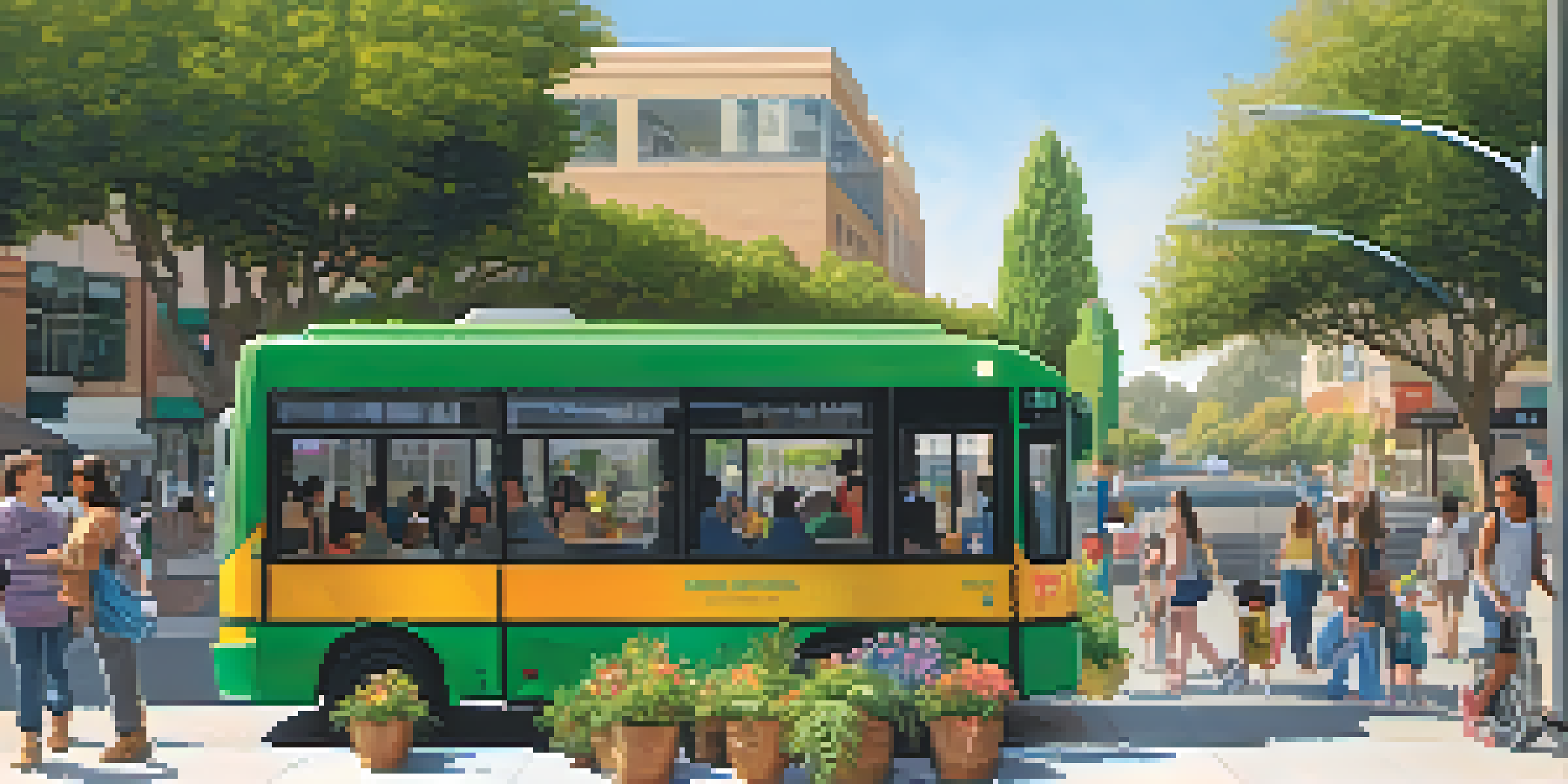 A lively bus stop in Pasadena with a digital display showing real-time updates. A person in a wheelchair and a family with children are present, surrounded by greenery and flowers.