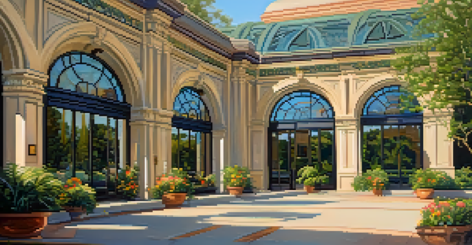 A grand Beaux-Arts train station in Pasadena with arched windows and intricate stonework, surrounded by greenery and flowers during golden hour.