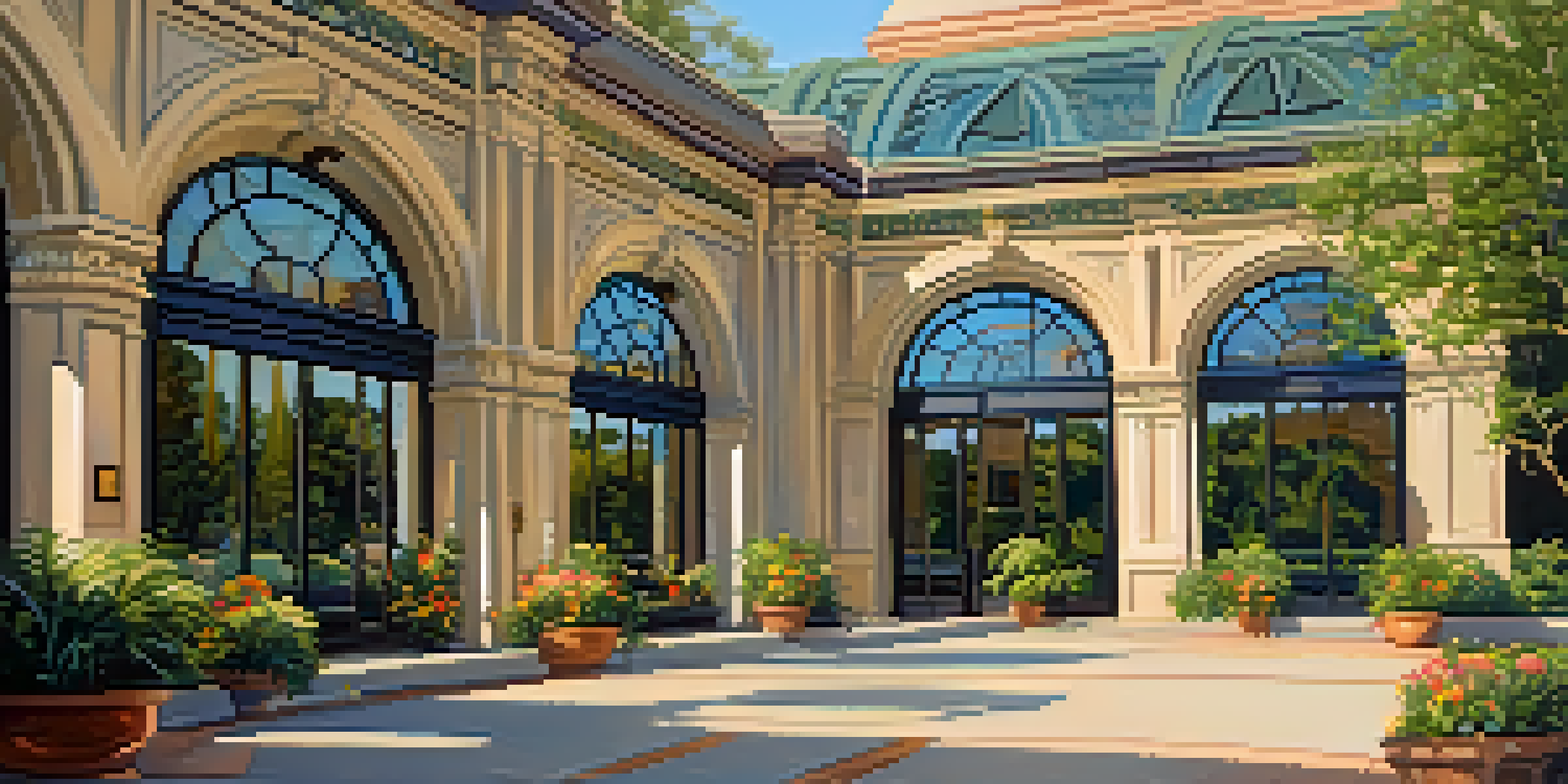 A grand Beaux-Arts train station in Pasadena with arched windows and intricate stonework, surrounded by greenery and flowers during golden hour.