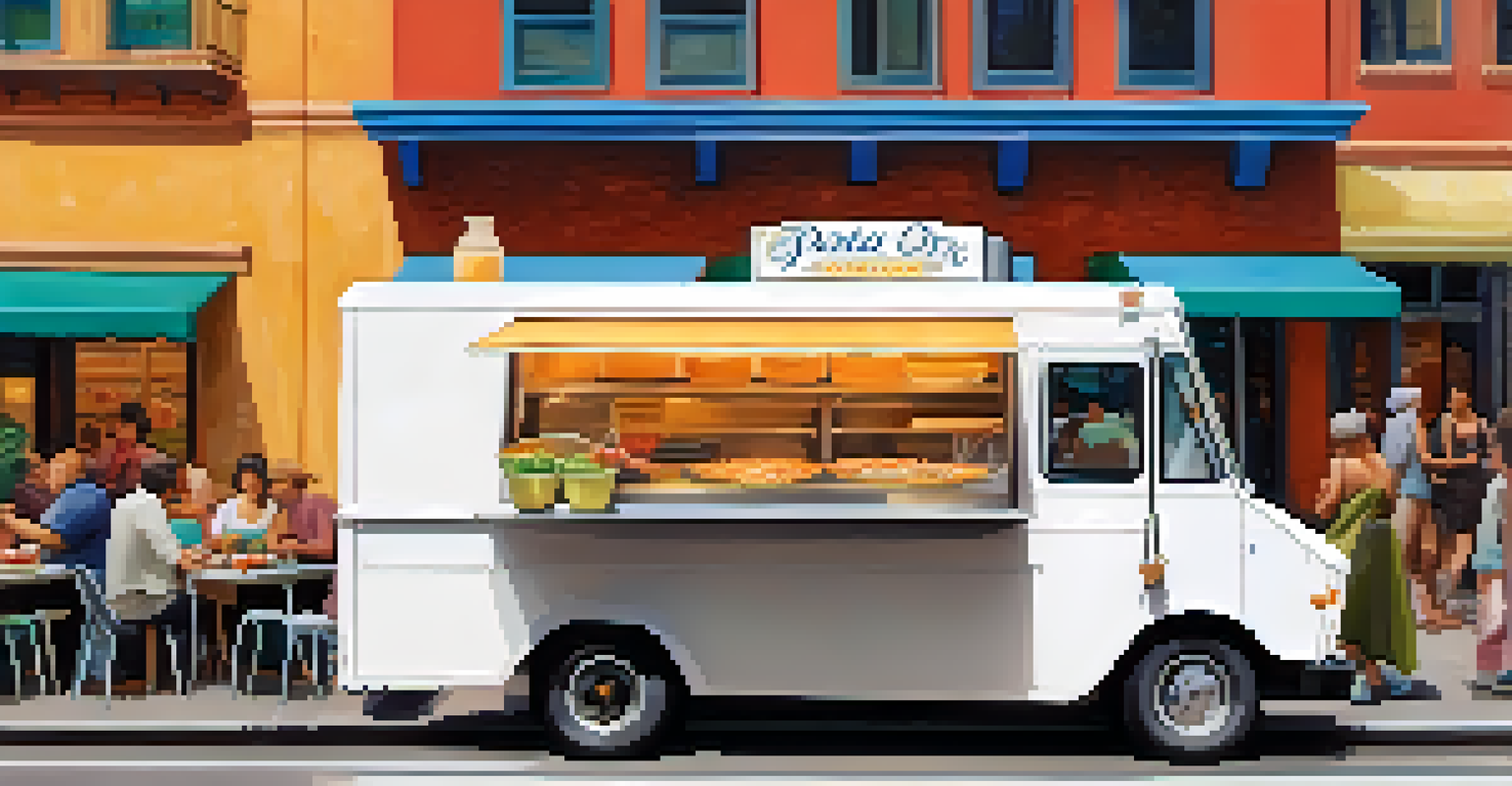 A food truck named 'Pasta on Wheels' with a chef making pasta, surrounded by people in line, showcasing a vibrant atmosphere.