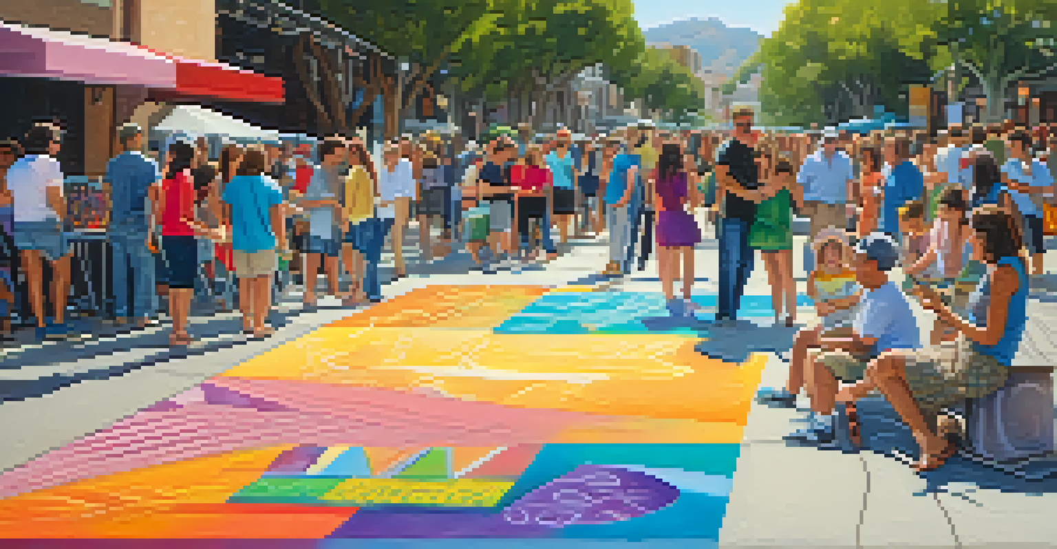 Artists creating chalk art on sidewalks during a festival in Old Town Pasadena, with onlookers admiring the work.