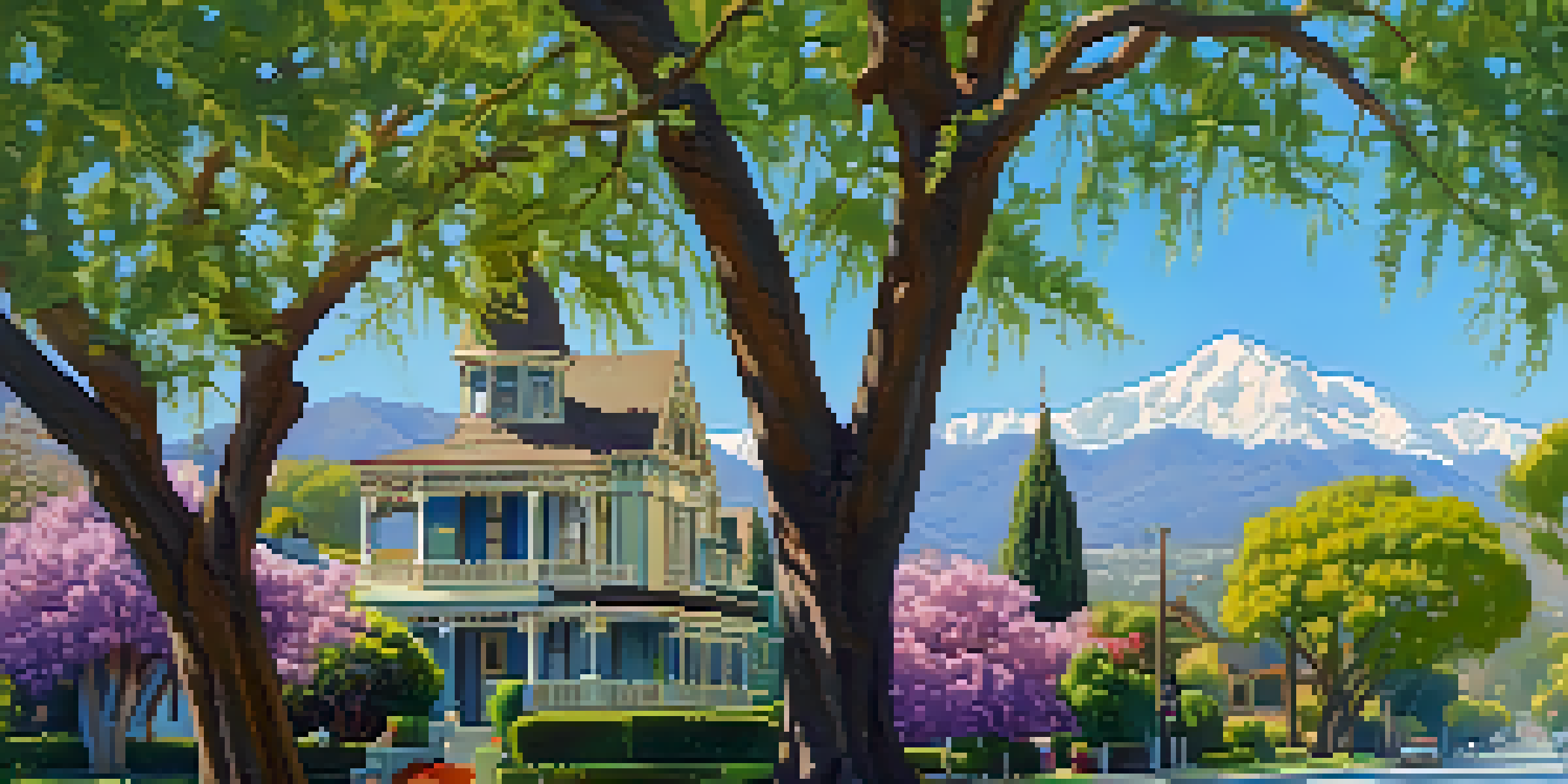 A scenic view of Victorian homes in Pasadena, adorned with blooming jacaranda trees under a bright blue sky.