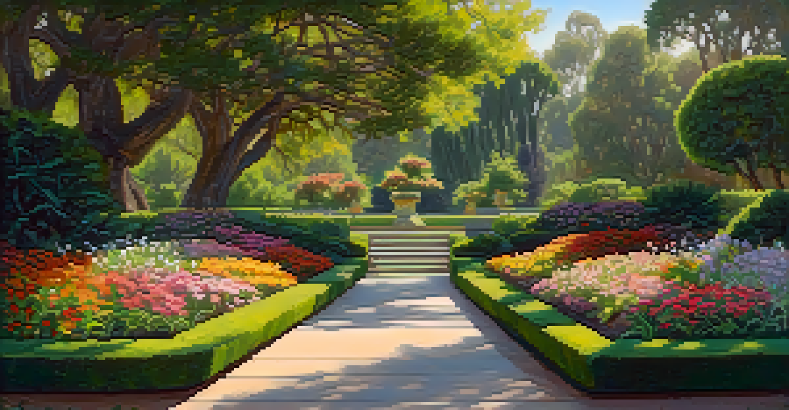A beautiful botanical garden at the Huntington Library in Pasadena, featuring colorful flowers, a pond, and a winding pathway under dappled sunlight.