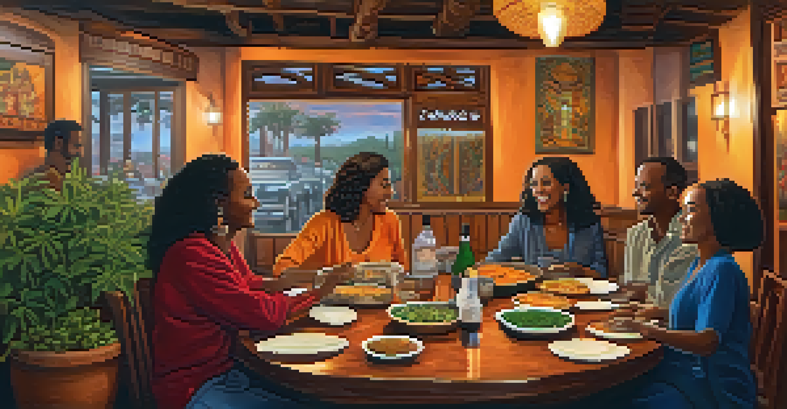 An intimate Ethiopian restaurant scene with guests sharing traditional dishes on a large platter, warmly lit to highlight the food and joyful expressions.