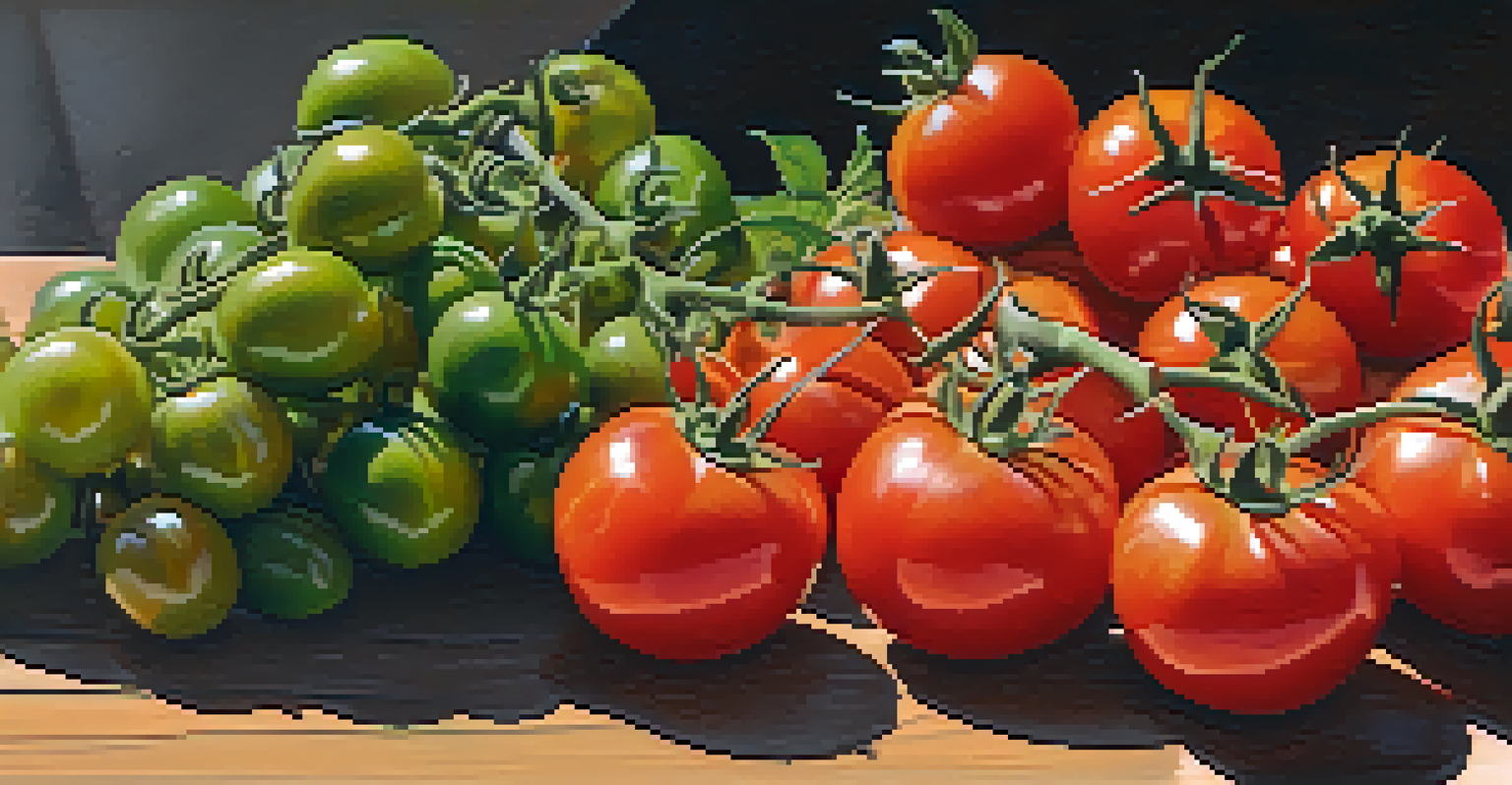 A vendor's stall showcasing fresh organic tomatoes, basil, and olive oil at a farmer's market, illuminated by warm sunlight.