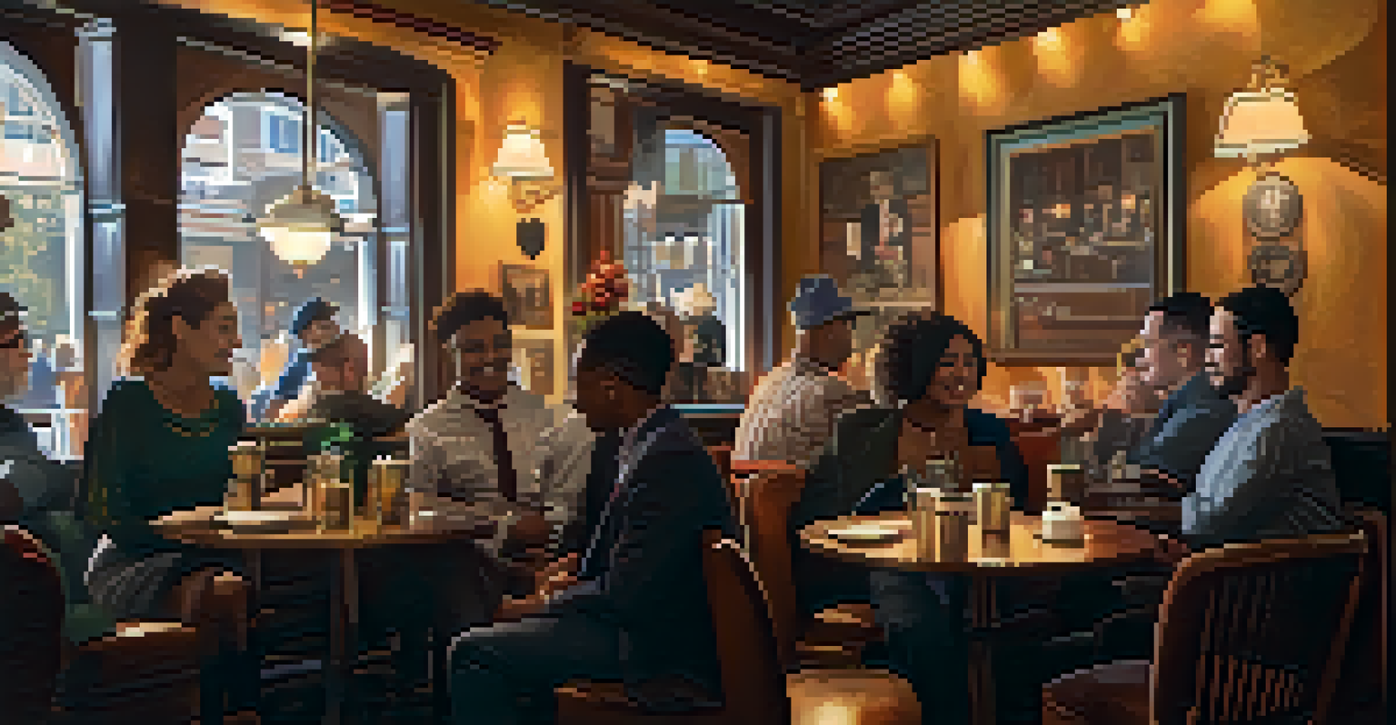 A cozy café scene with diverse individuals having a conversation, surrounded by vintage decor and community-themed art.