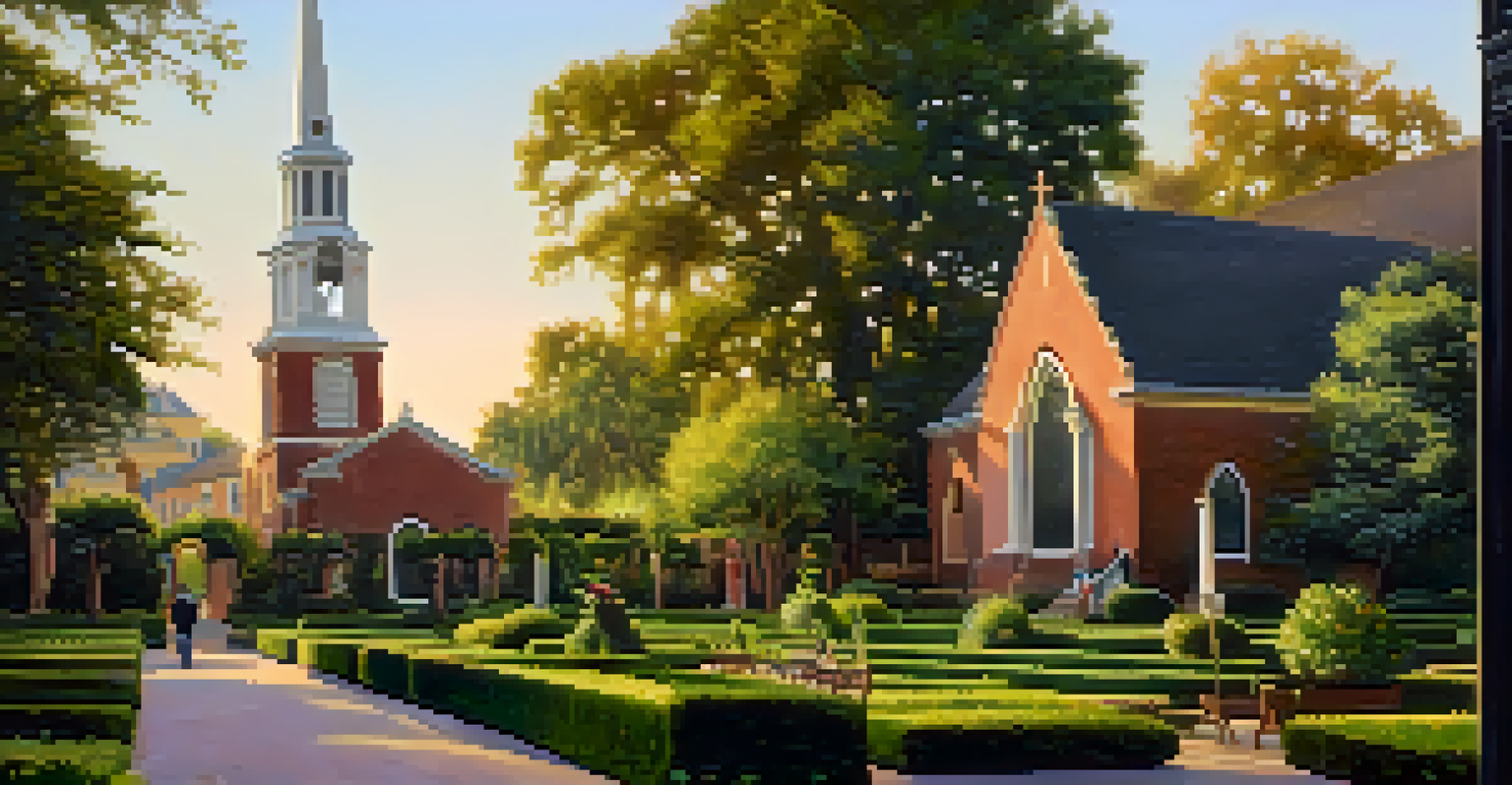 A peaceful church surrounded by beautiful gardens during the golden hour, with people walking nearby.