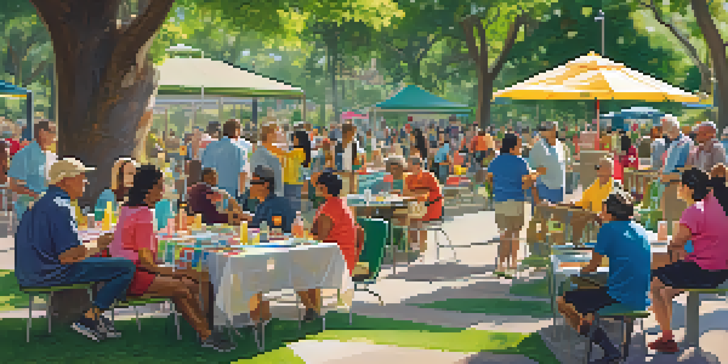 A lively community gathering in a park with diverse residents discussing and sharing local resources under the sunlight.