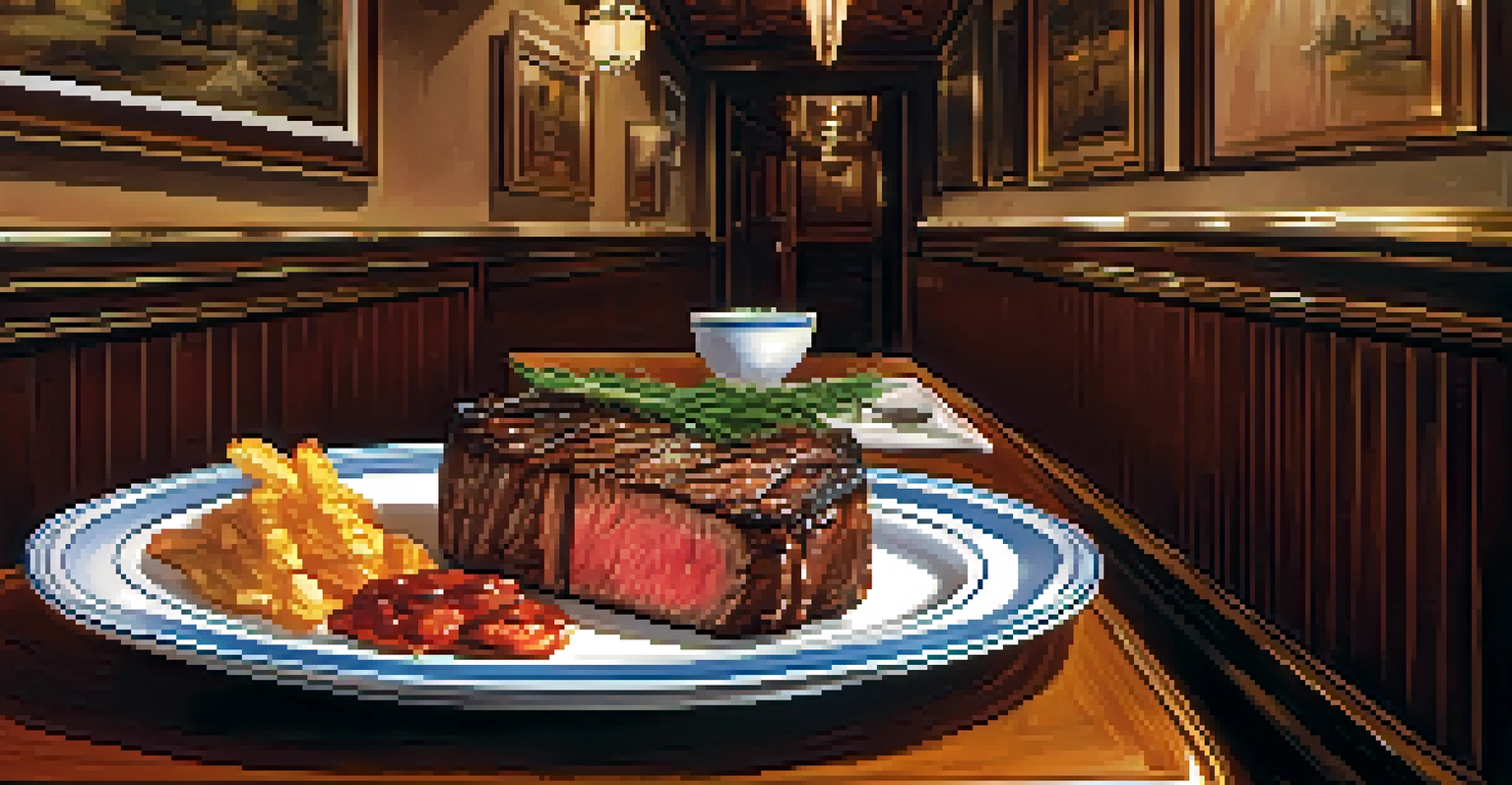 The Derby restaurant interior featuring rich wood decor and a plated Derby steak with sides.